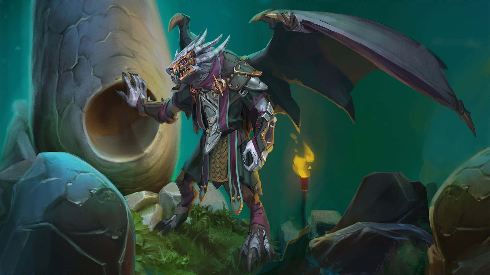 遊戲 桌布 壁紙 — 一個身穿華麗盔甲、像龍一樣的奇幻戰士，站在發光的廢墟中，手持火炬。