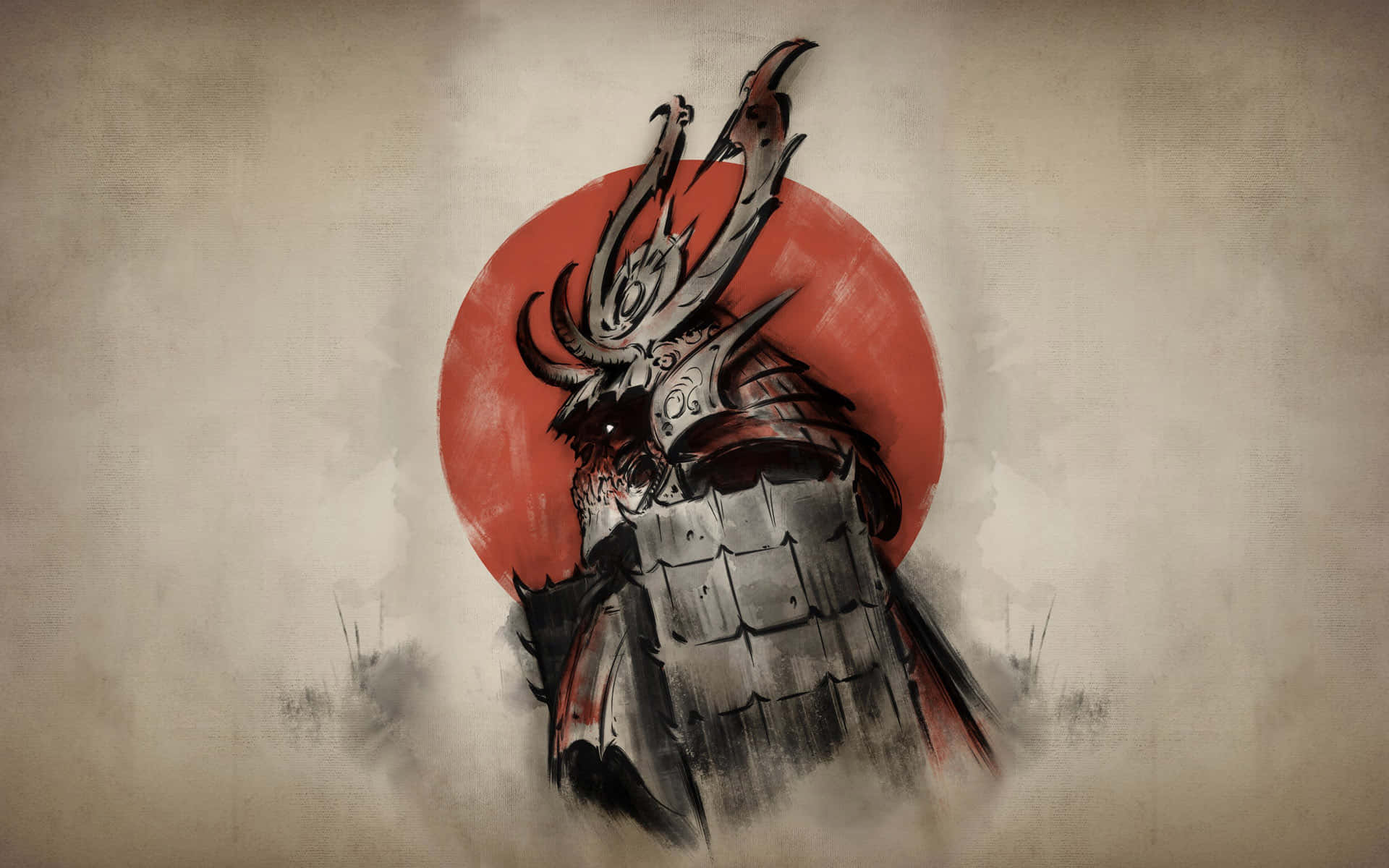 Ronin 桌布 壁紙 — 一個身穿華麗盔甲的威猛武士，站在紋理米色背景前，面對一輪鮮紅的太陽。