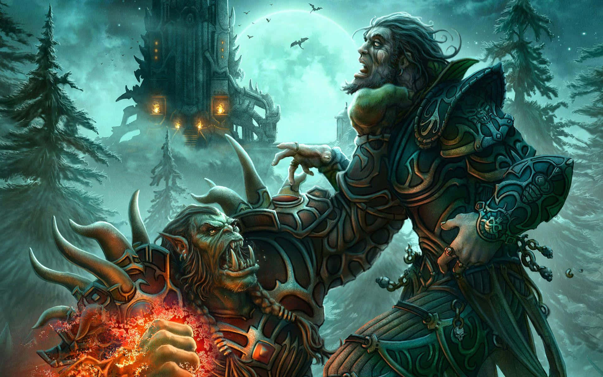 Hearthstone 桌布 壁紙 — 一個身穿華麗盔甲的巨型獸人戰士，在月光照耀的迷霧森林中與火焰惡魔戰鬥。
