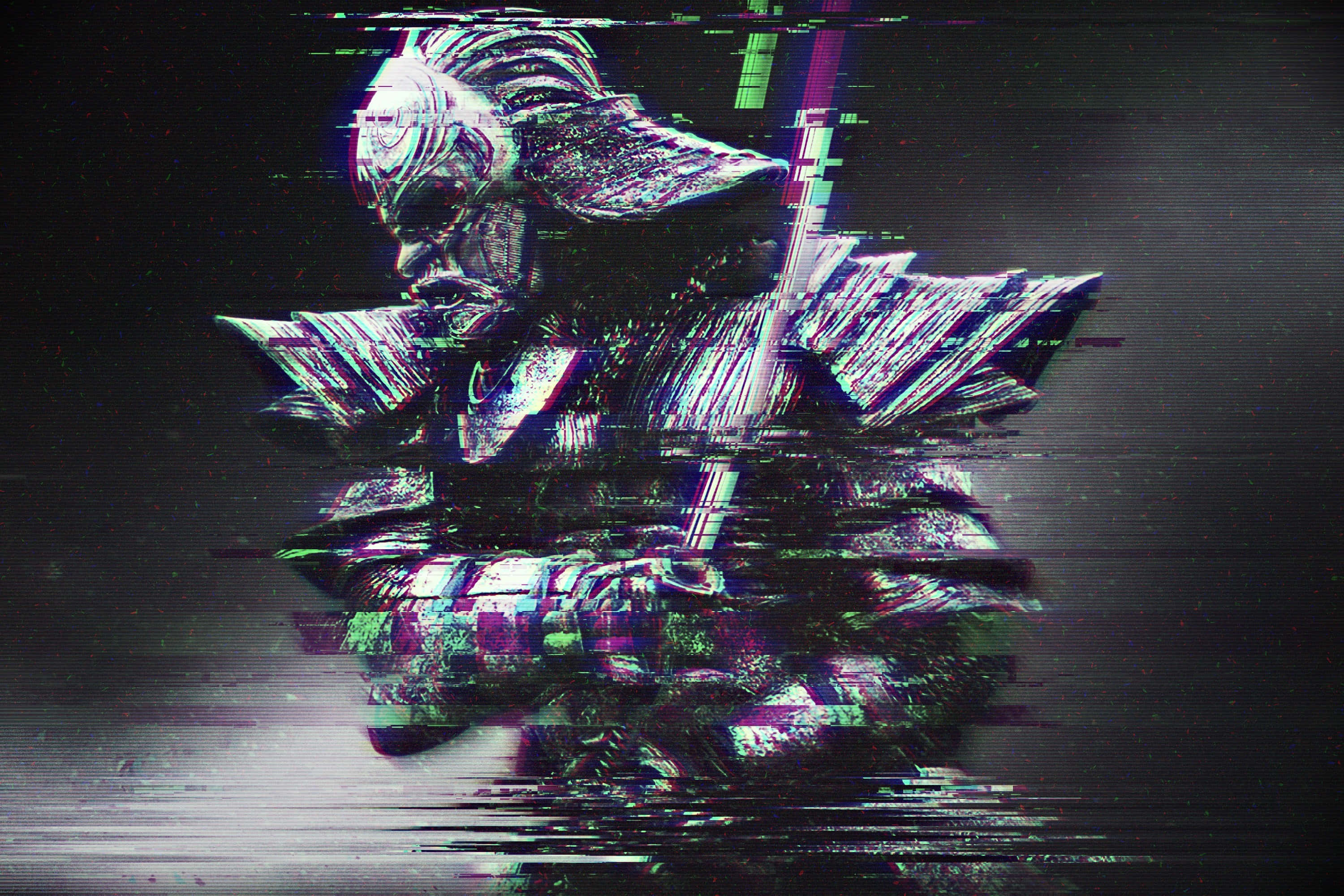 Glitch Effect 桌布 壁紙 — 一個身穿華麗盔甲的故障數位戰士，在黑暗背景上以鮮豔的像素化扭曲碎裂。