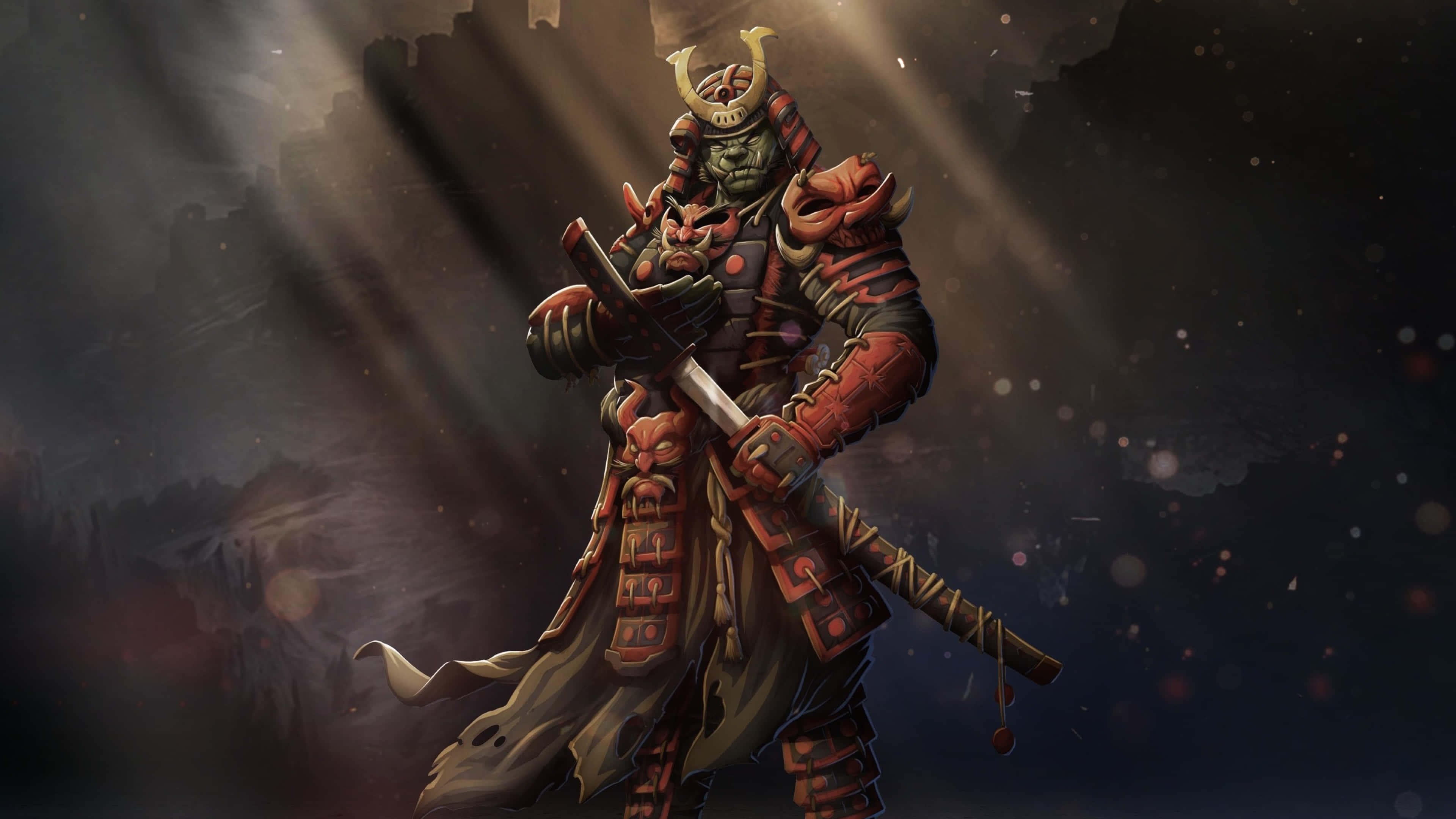 Samurai X 桌布 壁紙 — 一個身穿華麗紅色盔甲的惡魔武士，在黑暗暴風雨的天空下，戲劇性的光束中挑釁地站立。