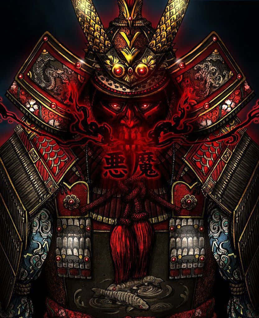 Samurai Helmet 桌布 壁紙 — 一個身穿華麗紅金盔甲、眼睛發光、帶有旋轉黑暗能量的威嚇武士惡魔。
