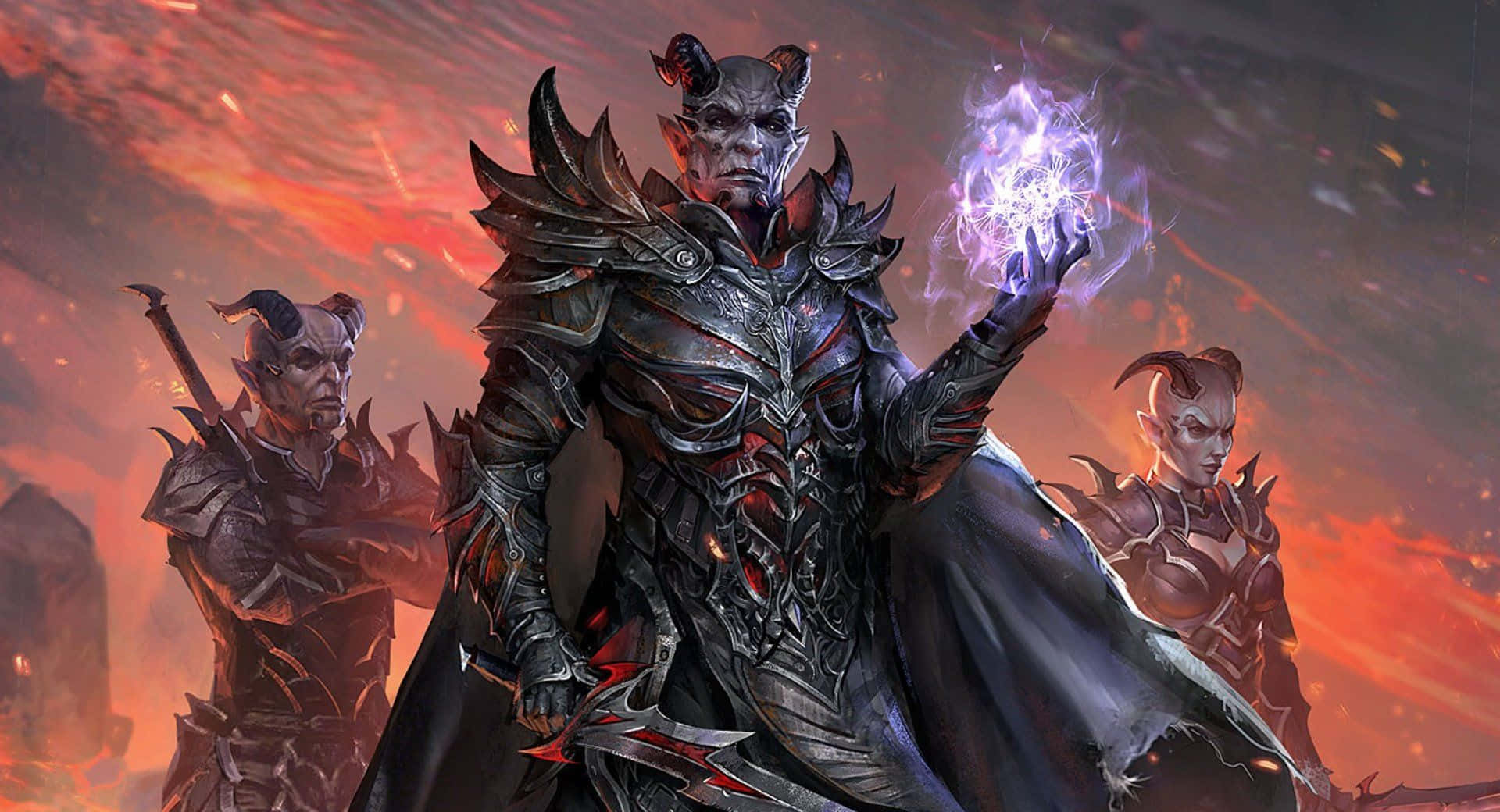 Skyrim Daedric 桌布 壁紙 — 一個身穿華麗黑色盔甲的惡魔 warlord，在熾熱的深紅色天空下，兩側有兩個有角的戰士，引導著發光的紫色魔法。