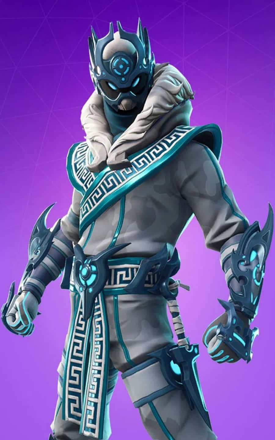 Fortnite Skins Battle Royale 桌布 壁紙 — 一個身穿藍灰色裝甲服、帶有發光裝飾的 Fortnite 角色，站在紫色幾何背景前。