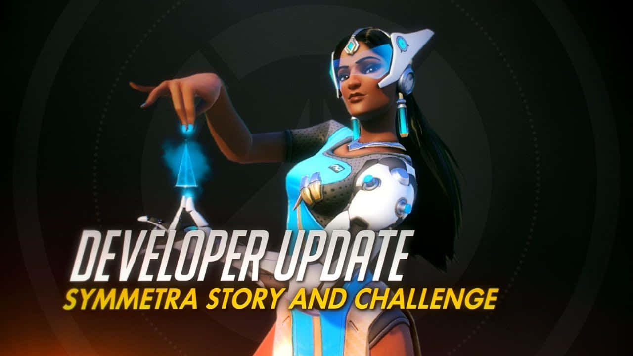 Overwatch Symmetra 桌布 壁紙 — 一個身穿藍白盔甲的未来女性角色在黑暗圓形背景前，將發光的藍色能量舉在小機器人上方。