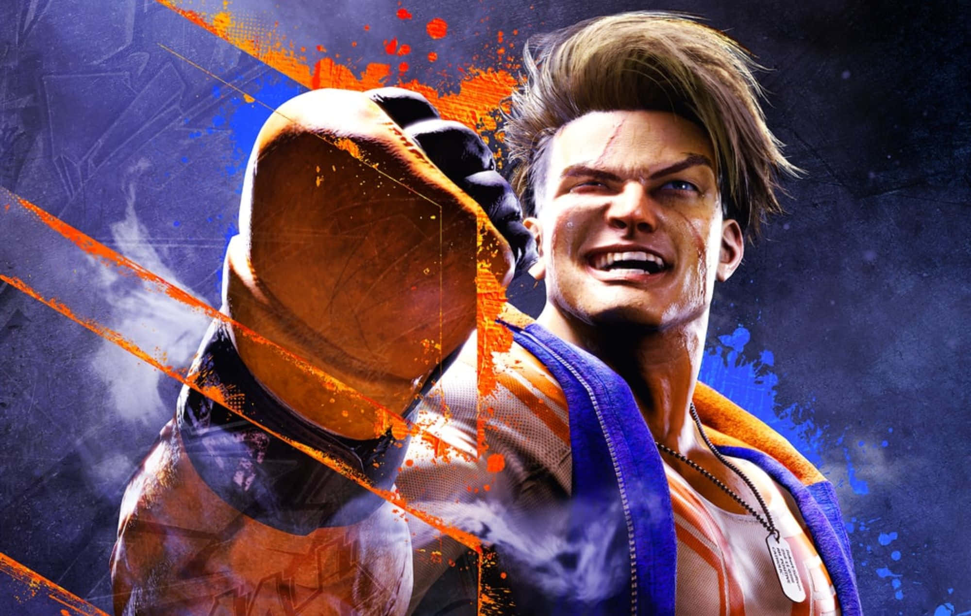 Street Fighter Characters 桌布 壁紙 — 一個身穿藍色外套的兇猛動漫戰士，在動態的藍色和橙色飛濺背景下，揮出一個發光的橙色拳頭。