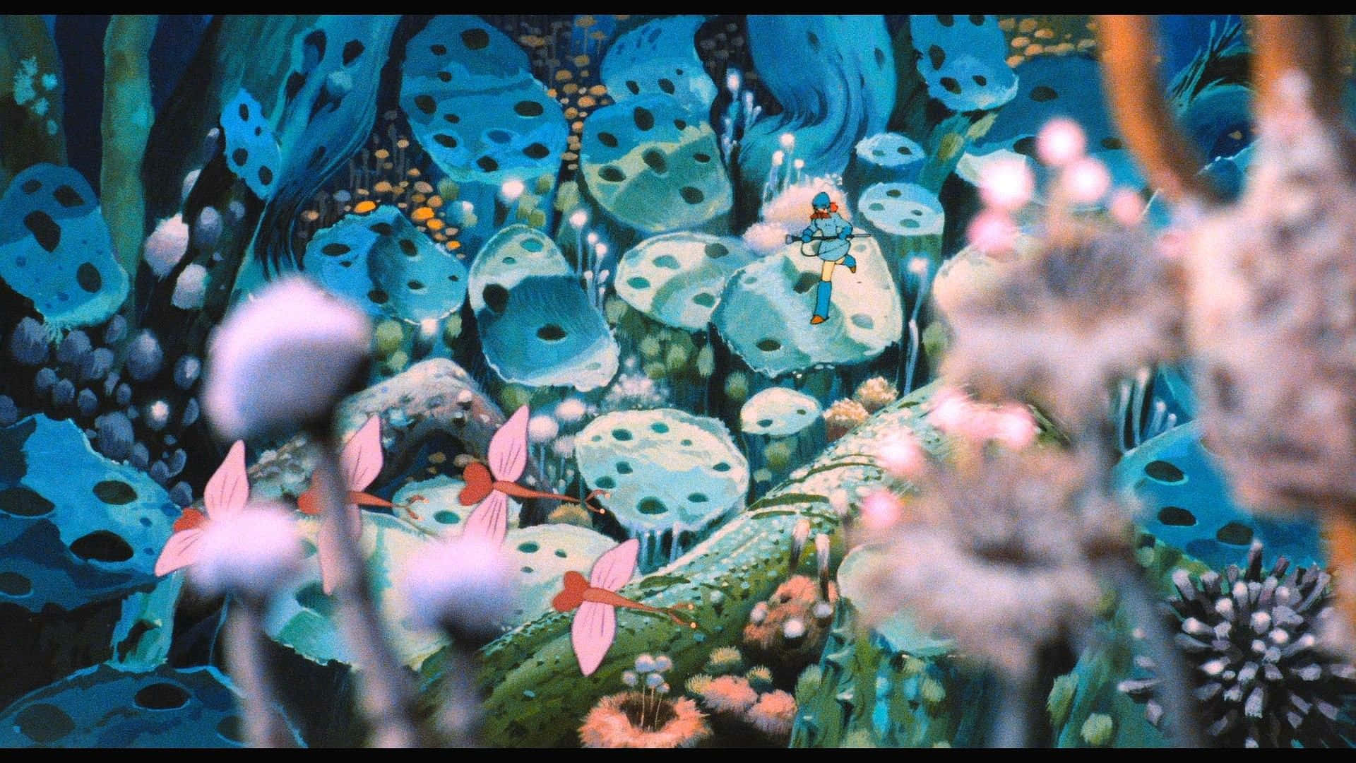 nausicaä of the valley of the wind 桌布 壁紙 — 一個身穿藍色套裝的小探險家，在一個由發光藍色珊瑚和粉紅色水母狀生物組成的超現實海底世界中航行。