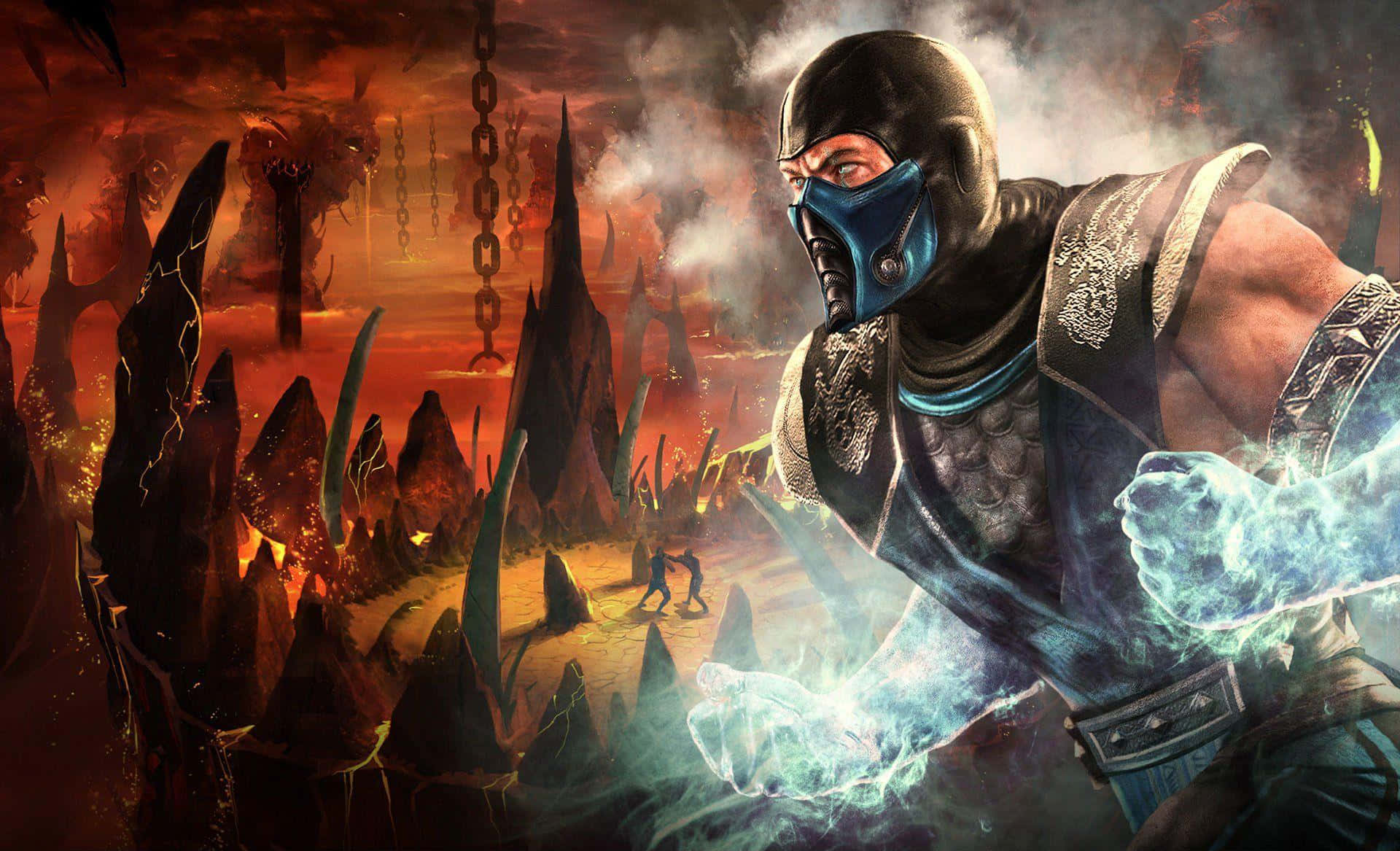 Mortal Kombat Vs Dc Universe 桌布 壁紙 — 一個身穿藍色盔甲的蒙面戰士，在一個有鋸齒狀尖塔和鎖鏈的熾熱地獄般景觀中引導發光的能量。