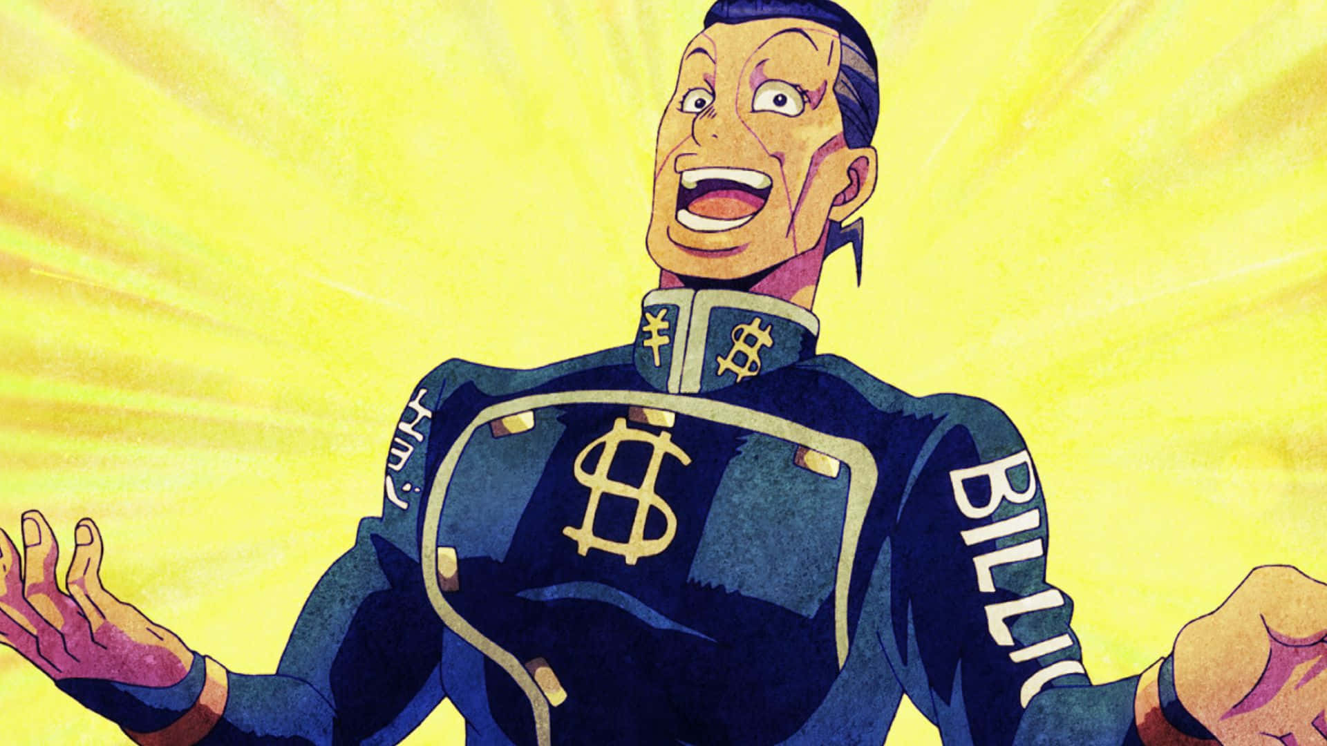 Okuyasu Nijimura 桌布 壁紙 — 一個身穿藍色西裝、帶有美元符號的歡樂動漫角色，在明亮的黃色背景前閃耀。