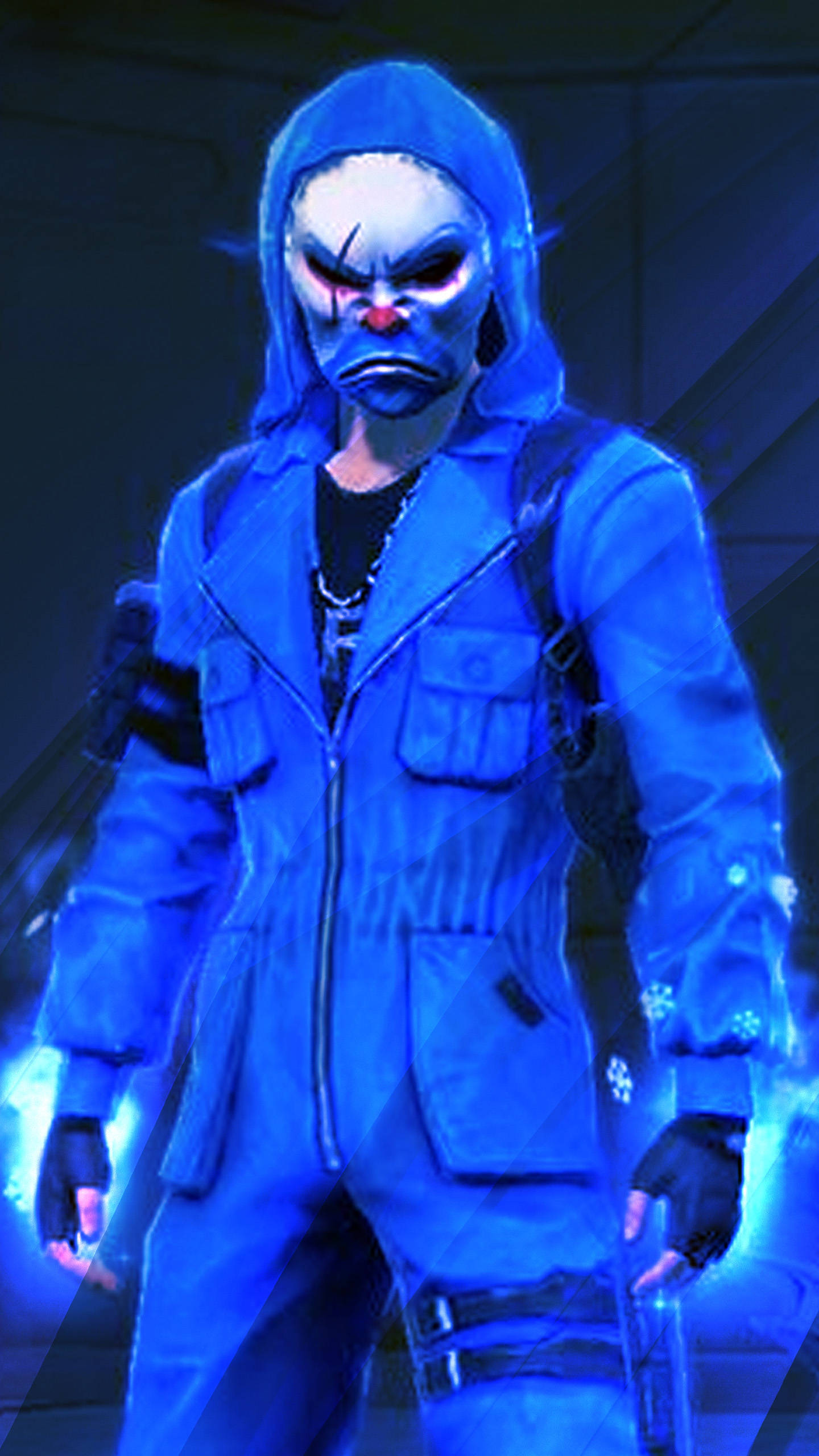 free fire bundle 桌布 壁紙 — 一個身穿藍色連帽連身衣、戴著小丑面具的威脅人物，站在一個昏暗的未來風格走廊中，散發著電光藍色的能量。