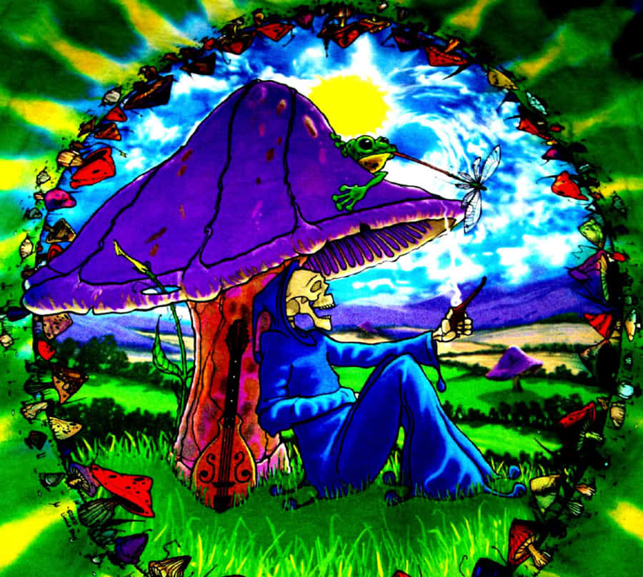 迷幻 桌布 壁紙 — 一個身穿藍色長袍的骷髏坐在一個巨大的紫色蘑菇下抽煙斗，附近有一隻青蛙和一隻蜻蜓。