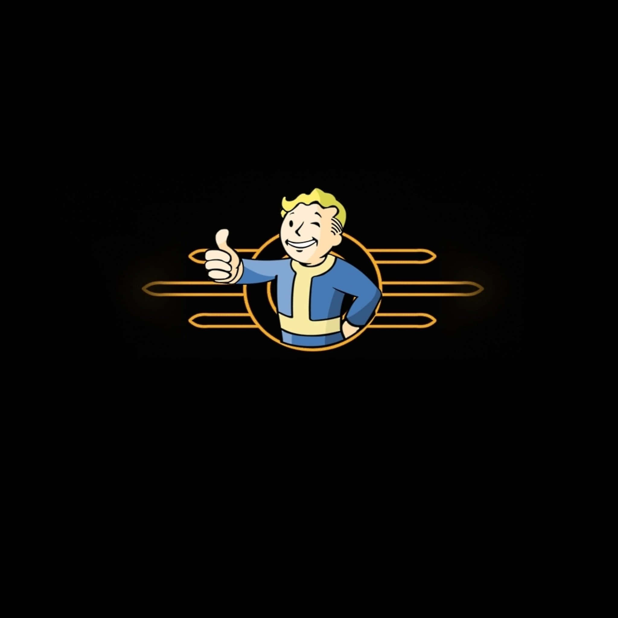 Vault-tec 桌布 壁紙 — 一個身穿藍黃色連身衣的開心跳跳小子卡通人物在黑色背景上發光的橙色圓圈內豎起大拇指。