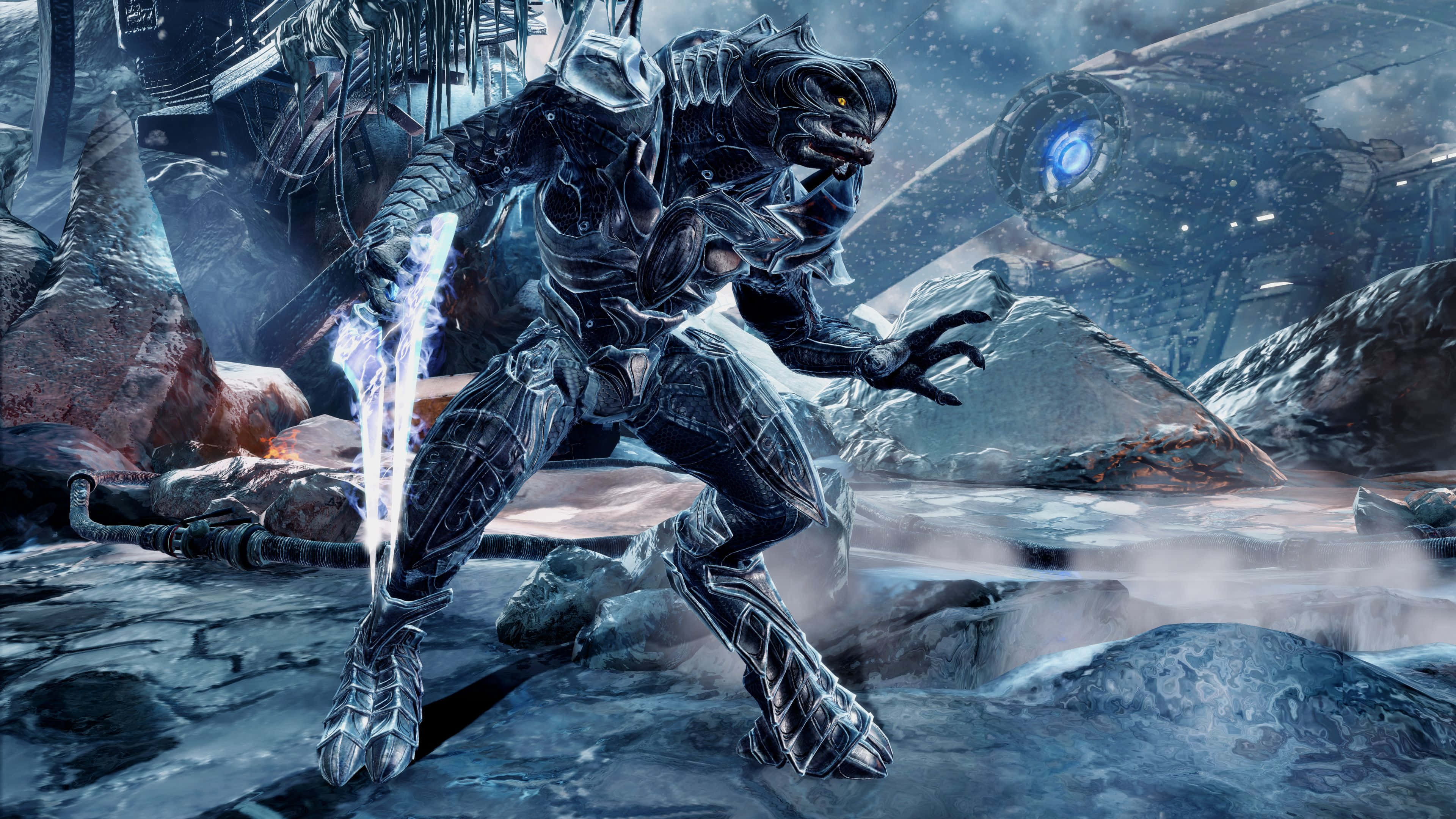 Halo Arbiter 桌布 壁紙 — 一個身穿裝甲、充滿威脅的外星戰士，在星空下的雪廢墟中揮舞著發光的劍。