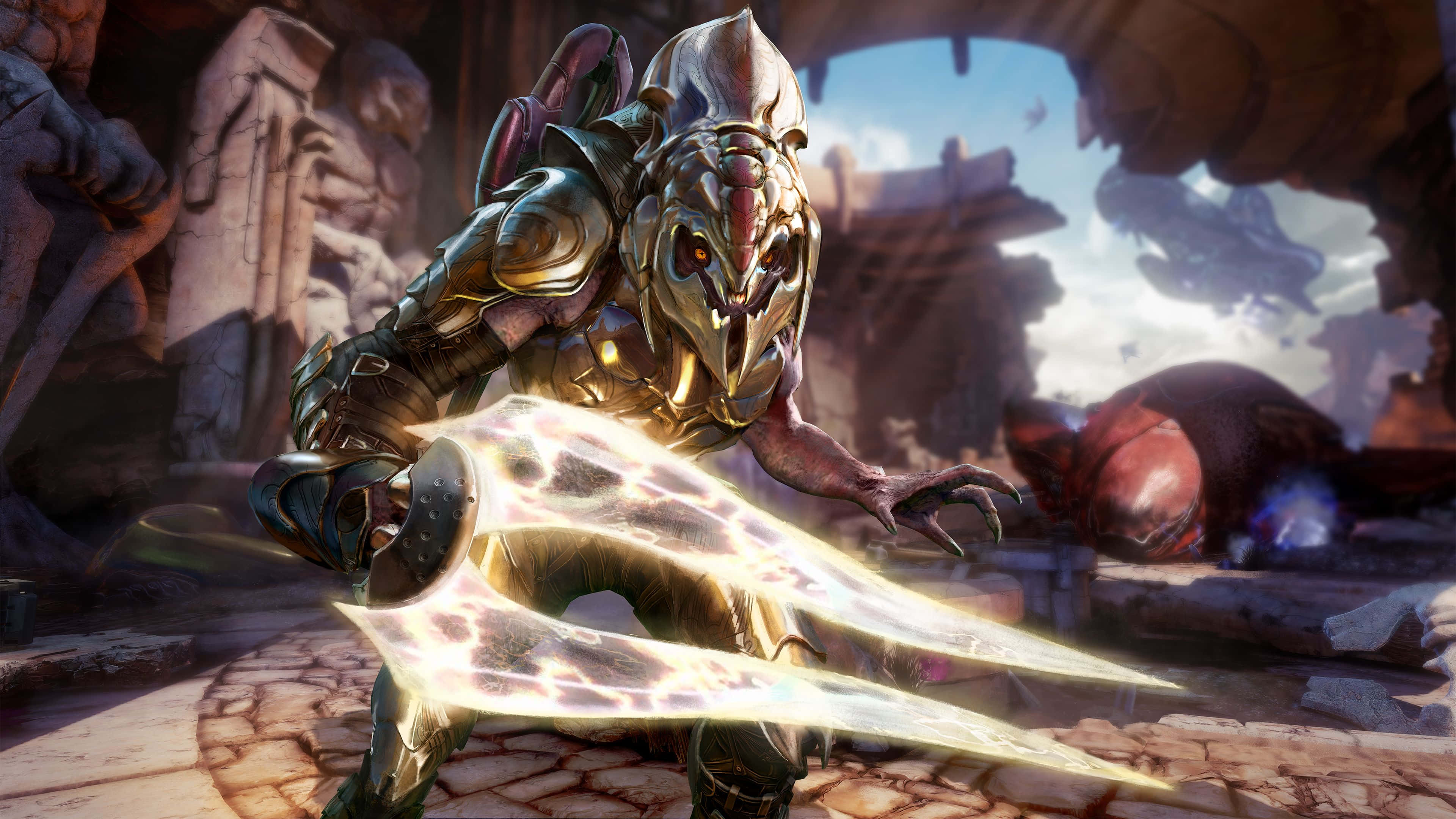 Halo Arbiter 桌布 壁紙 — 一個身穿裝甲、威嚇性十足的外星戰士，在陽光普照、漂浮著碎片的廢墟中揮舞著發光的能量刃。