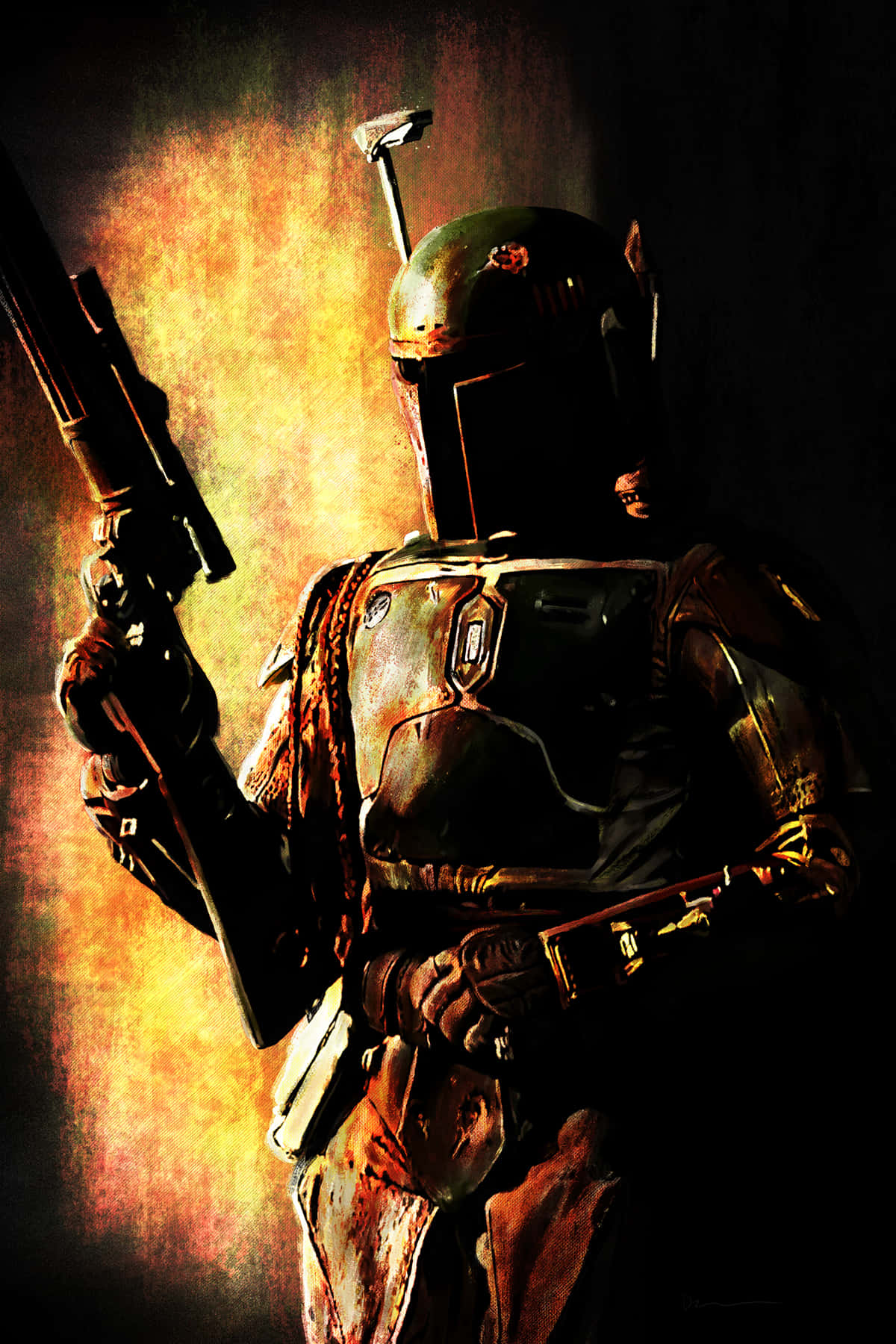 Jango Fett 桌布 壁紙 — 一個身穿裝甲、威風凜凜的賞金獵人，在熾熱的橙黃色光芒襯托下，手持爆能槍，呈現出剪影。