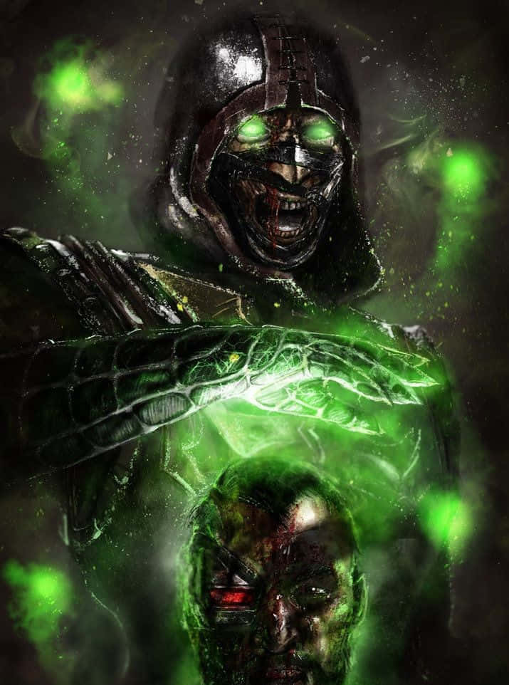 Mortal Kombat Ermac 桌布 壁紙 — 一個身穿裝甲、帶有發光綠色眼睛和噼啪作響的綠色能量手的威脅性人物，在黑暗詭異的場景中籠罩著一個驚恐的受害者。