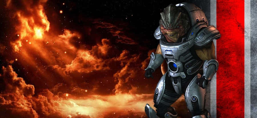 Mass Effect Grunt 桌布 壁紙 — 一個身穿裝甲的外星戰士，站在熾熱的宇宙天空下，周圍是發光的雲層和星星。