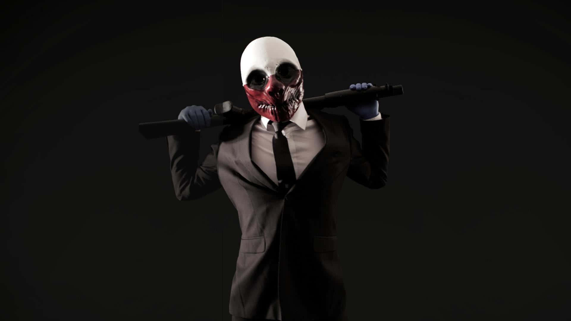 Horror Masks 桌布 壁紙 — 一個身穿西裝、戴著骷髏面具的人物，在黑暗背景中將棒球棍扛在肩上。
