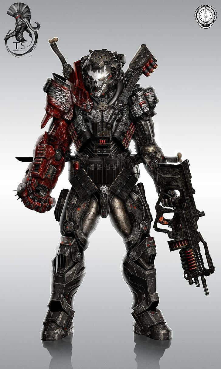 Halo Emile 桌布 壁紙 — 一個身穿重型裝甲的未來戰士，戴著骷髏頭盔和紅色發光裝飾，手持多種武器，站在純灰色背景前。