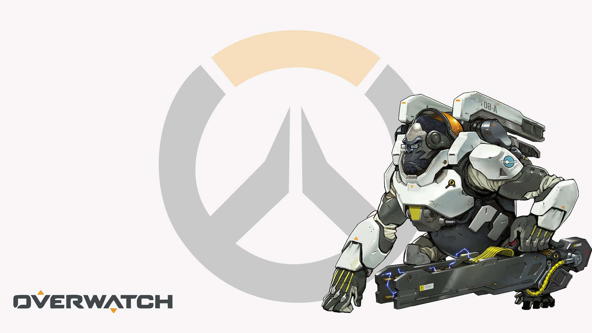 Overwatch Winston 桌布 壁紙 — 一個身穿重甲的《鬥陣特攻》角色蹲在發光武器旁邊，背景簡約並帶有《鬥陣特攻》標誌。