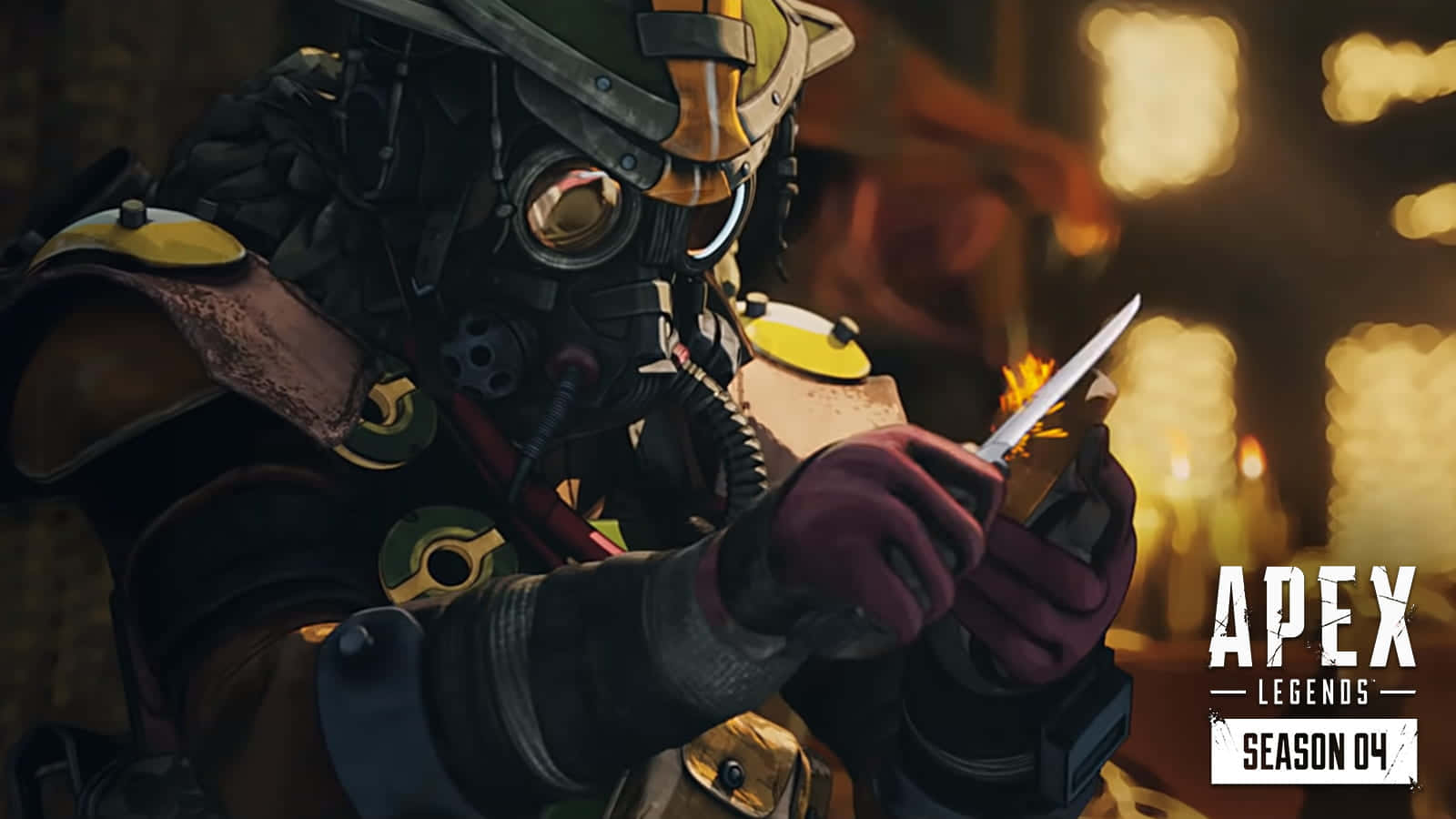 Apex Legends Bloodhound 桌布 壁紙 — 一個身穿重甲的Apex Legends角色戴著防毒面具，在昏暗的工業環境中焊接刀片，火花四濺。