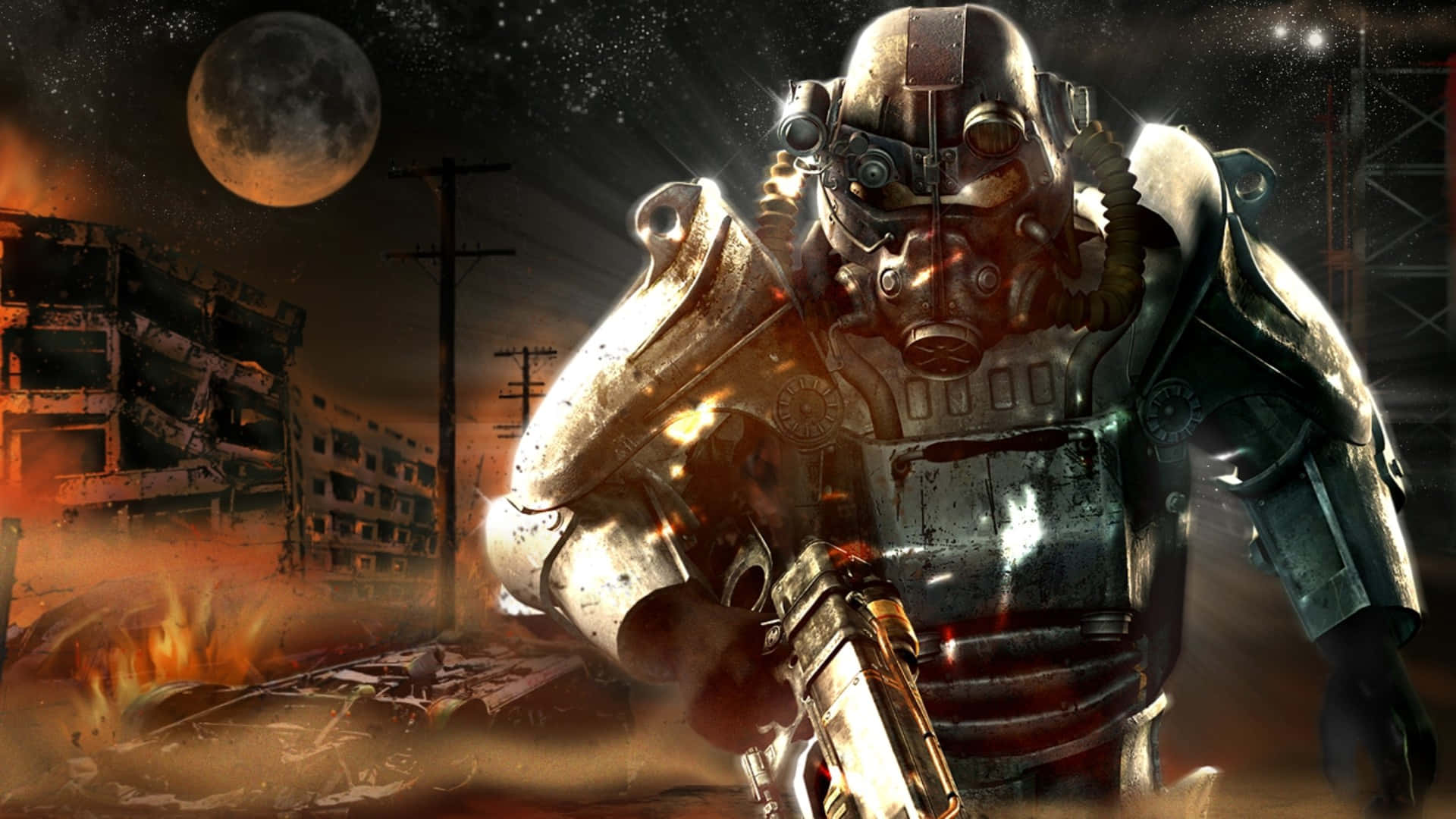 Fallout 4 Power Armor 桌布 壁紙 — 一個身穿重甲的廢土戰士站在燃燒的廢墟中，血橙色的月亮下，呈現後末日場景。