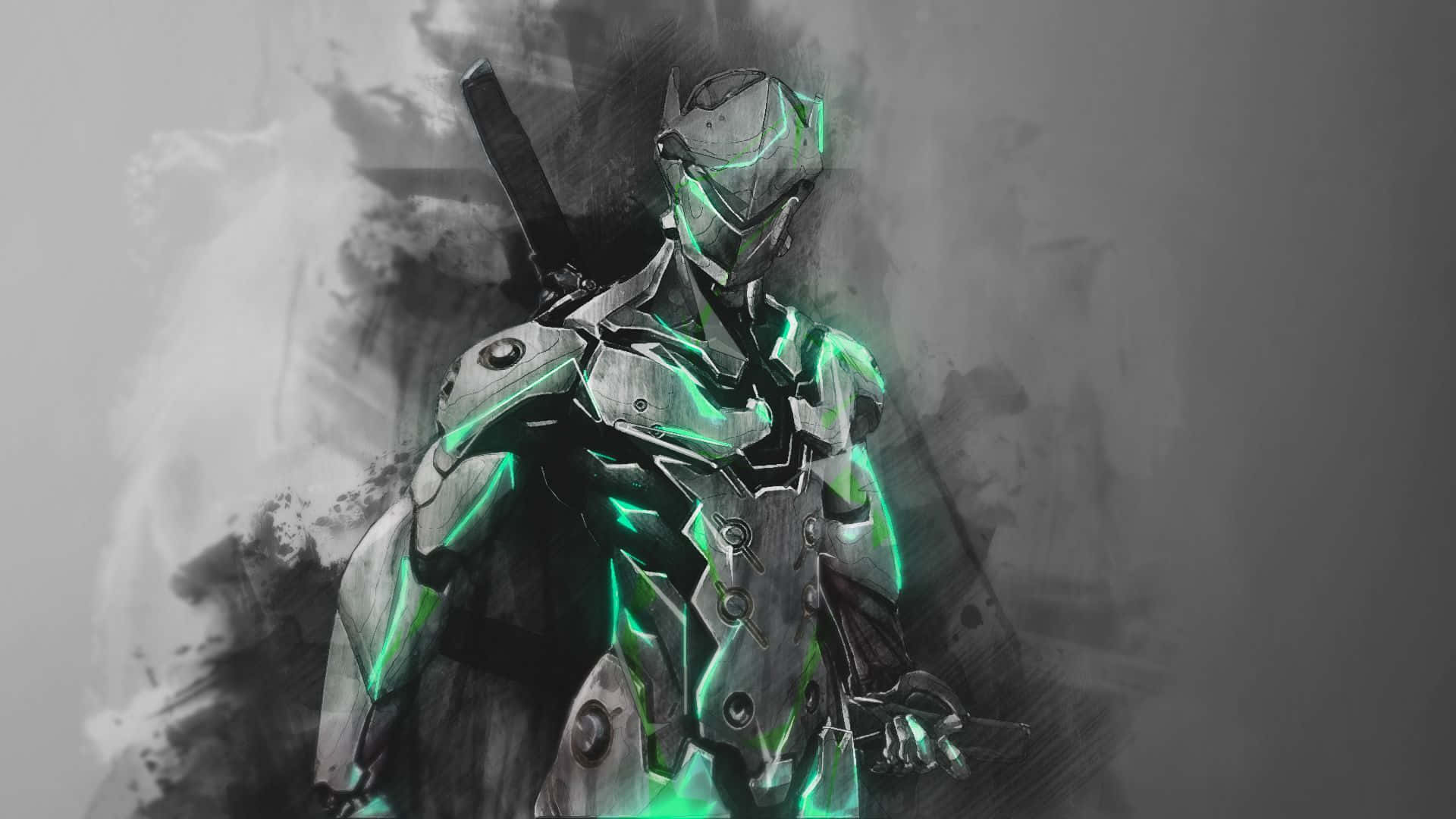 Overwatch Genji 桌布 壁紙 — 一個身穿金屬盔甲、帶有發光綠色點綴的未來戰士，站在煙霧灰色背景前。