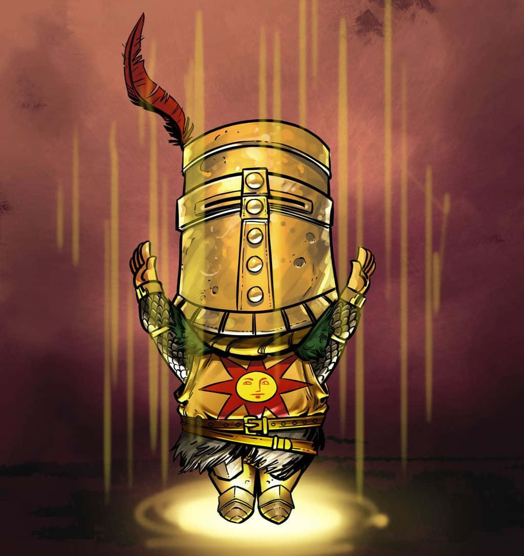 Solaire Of Astora 桌布 壁紙 — 一個身穿金色盔甲、帶有太陽標誌和羽毛的Q版騎士，在紫色背景下被發光光線照亮。