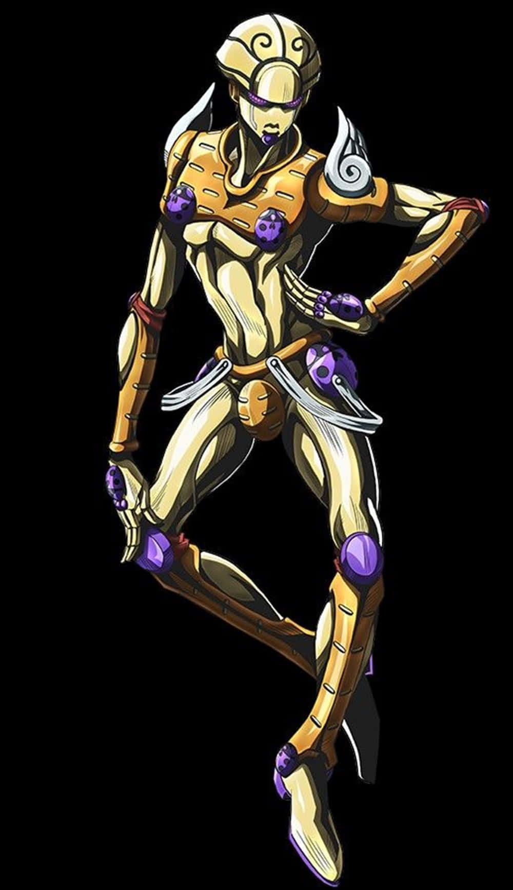 Gold Experience Jojo 桌布 壁紙 — 一個身穿金色盔甲、帶有紫色點綴的動漫角色，在黑色背景前擺出動感姿勢。