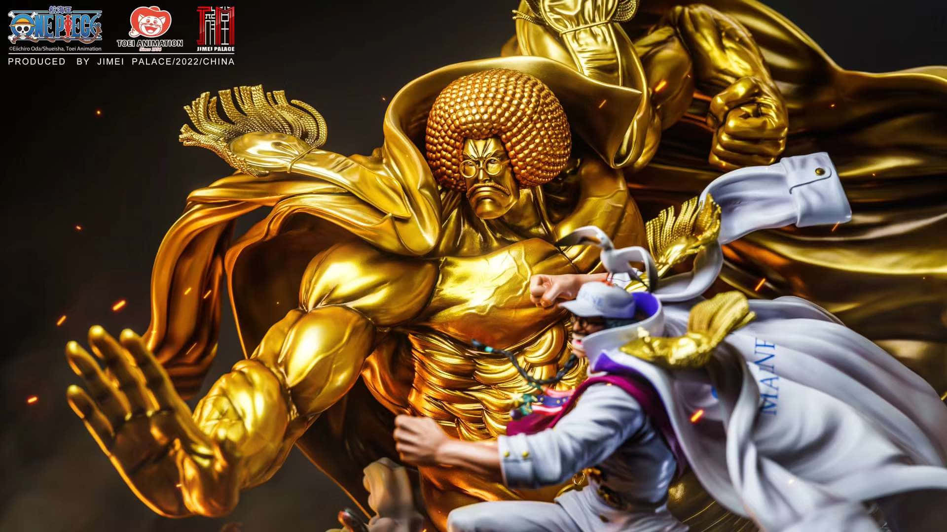 Sengoku 桌布 壁紙 — 一個身穿金色盔甲、留著爆炸頭嘅動漫戰士，同一個細啲、著住白色長袍嘅角色以戲劇性動作姿勢激烈打鬥。