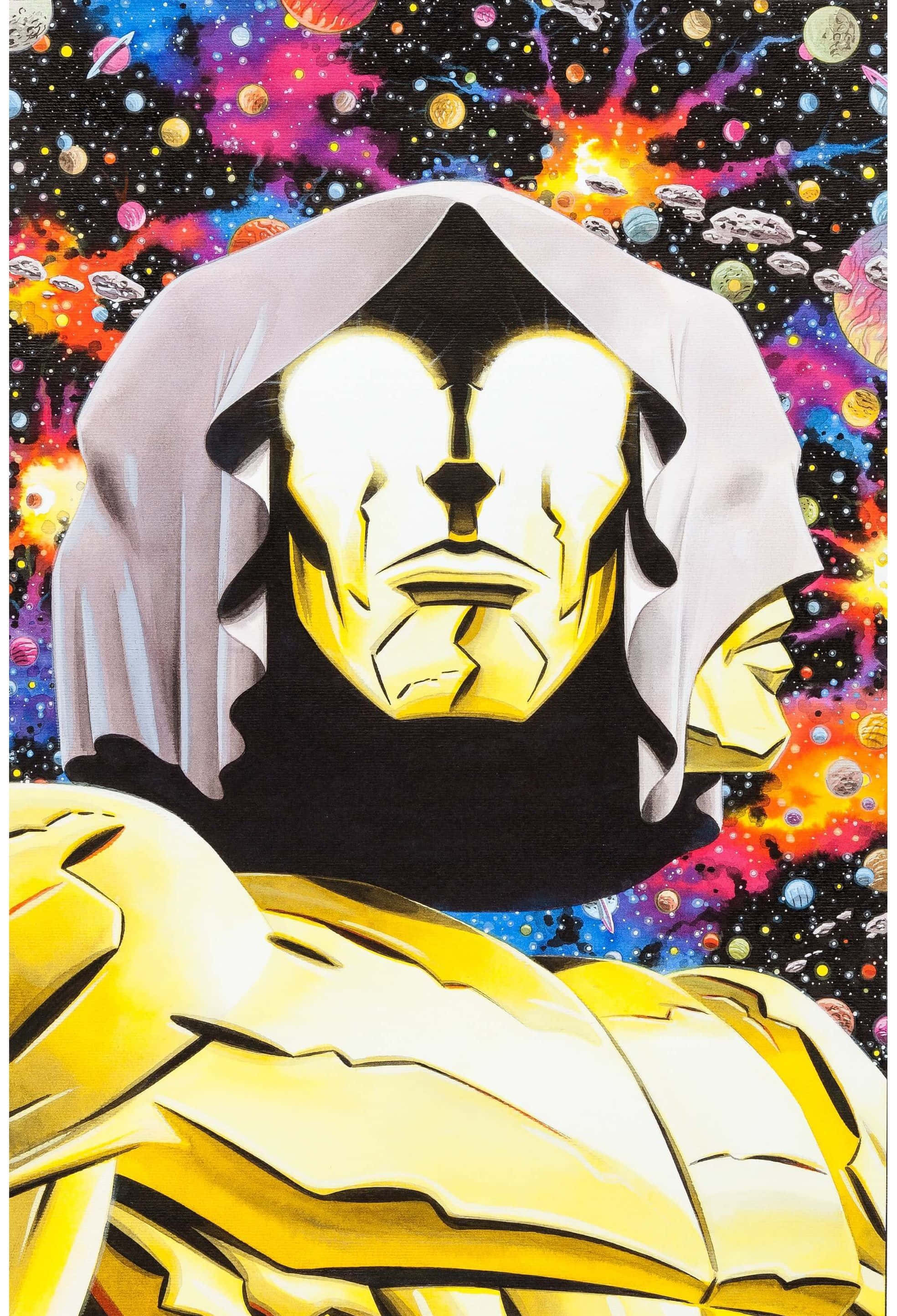 Living Tribunal 桌布 壁紙 — 一個身穿金色盔甲、頭戴白色兜帽的人物，站在充滿行星和恆星的鮮豔宇宙背景前。