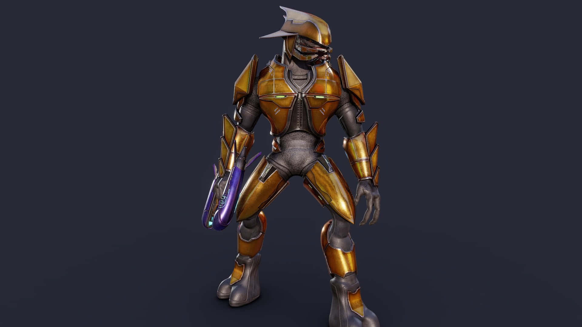Sangheili 桌布 壁紙 — 一個身穿金銀盔甲的未來裝甲戰士，在黑暗背景下手持發光的紫色武器。