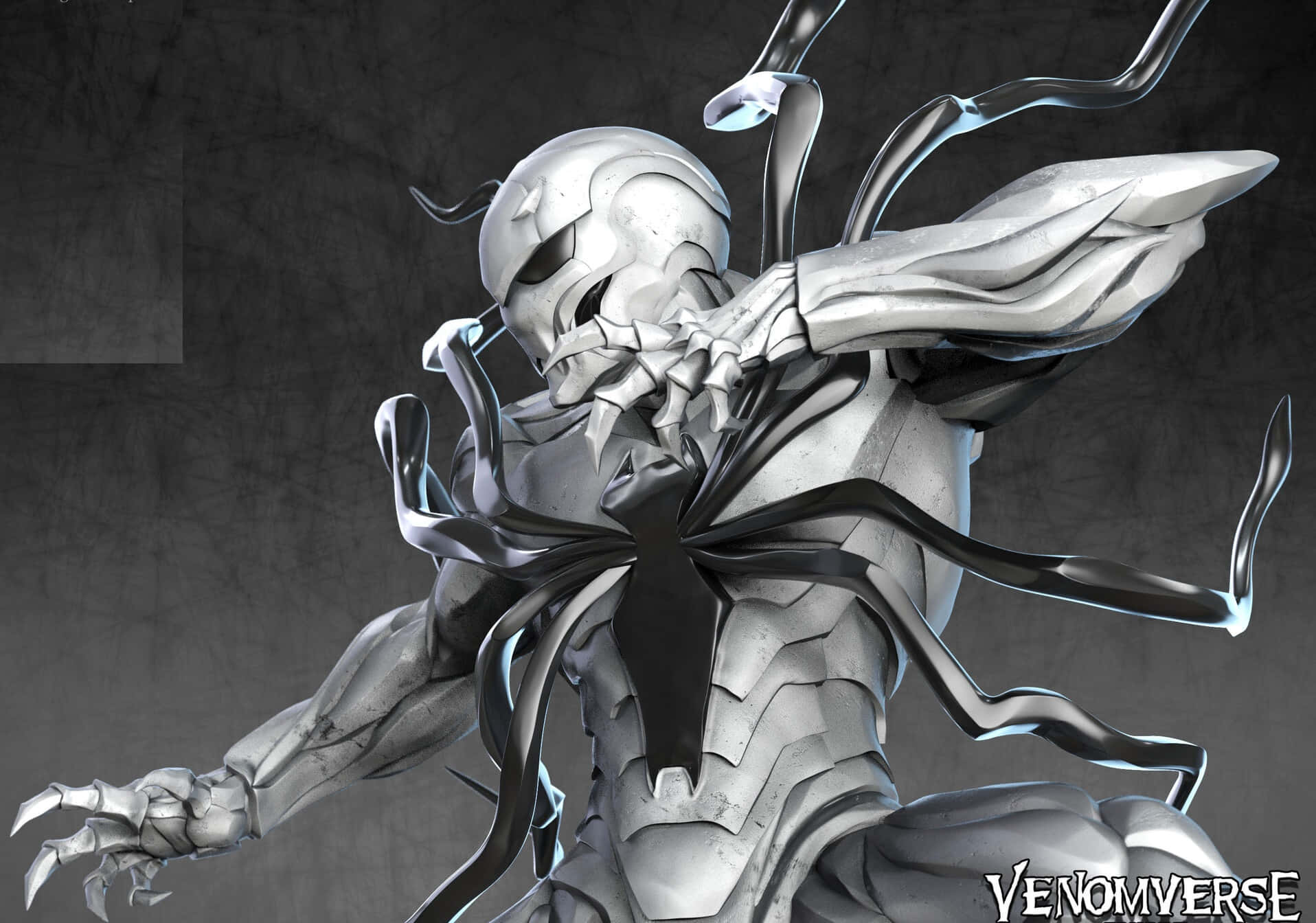 Venomverse 桌布 壁紙 — 一個身穿銀色盔甲、帶有黑色觸手和發光眼睛的威脅性共生生物，在黑暗紋理背景前擺出動態姿勢。