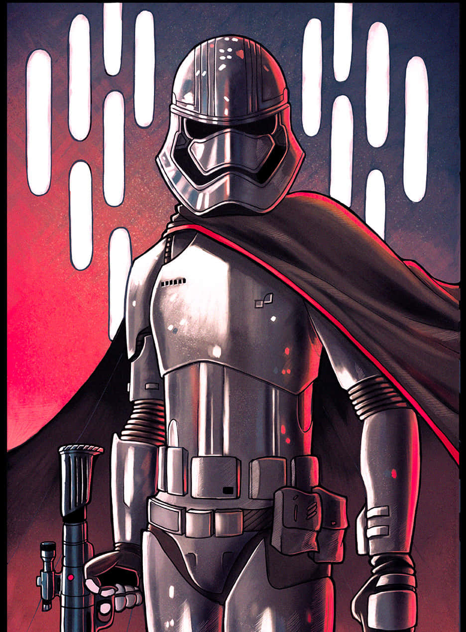 Captain Phasma 桌布 壁紙 — 一個身穿銀色盔甲和黑色斗篷、威風凜凜的第一軍團軍官，站在紅白條紋背景前，手持爆能槍。