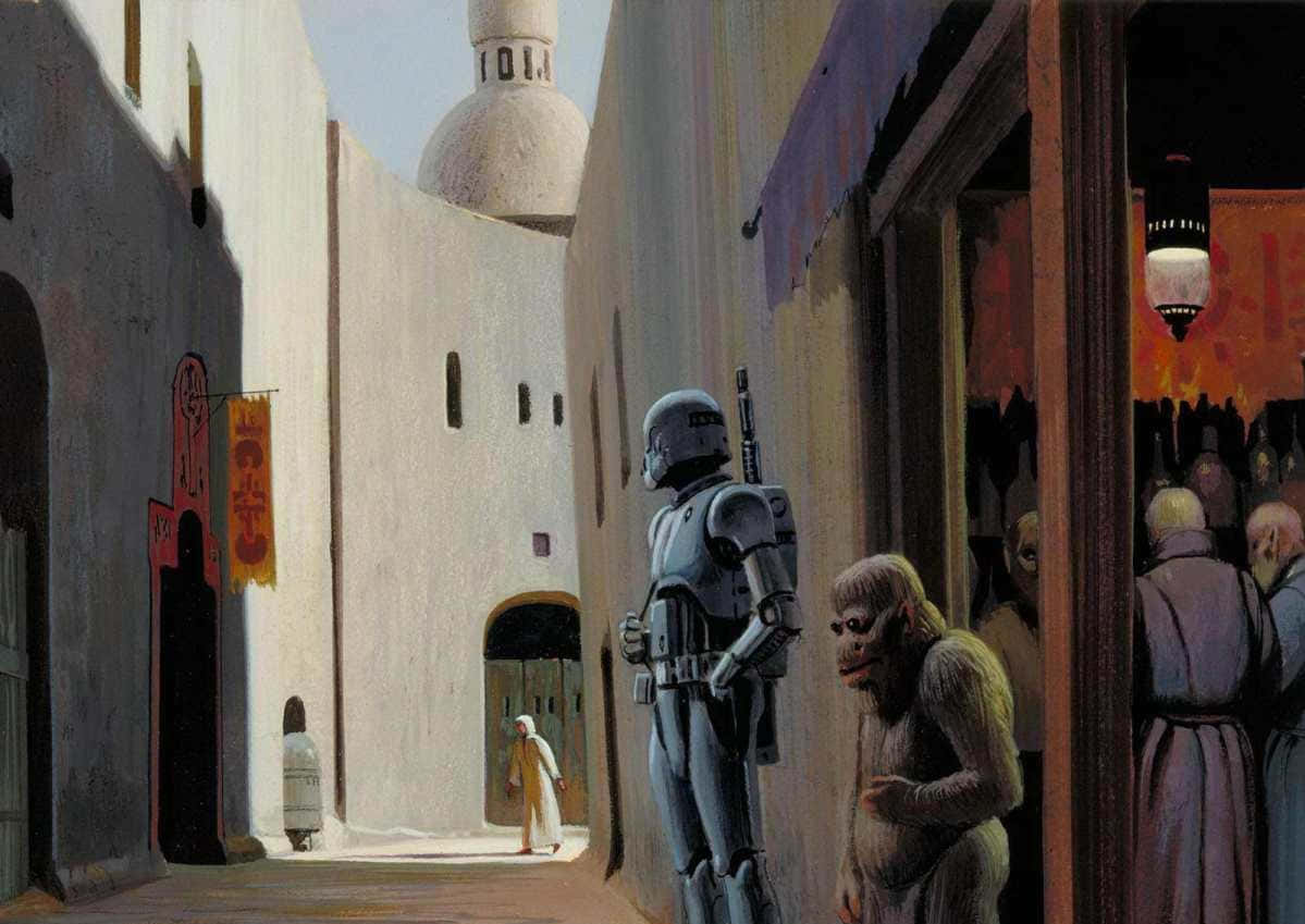 Mos Eisley 桌布 壁紙 — 一個身穿銀色盔甲的賞金獵人站在陽光普照的沙漠小巷中，旁邊是一隻好奇的外星生物，當地人聚集在溫暖明亮的門口內。