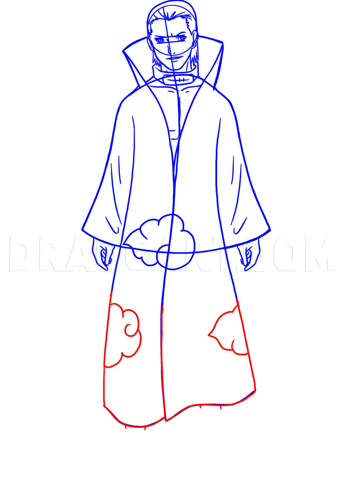 Akatsuki Drawing 桌布 壁紙 — 一個身穿雲紋斗篷的動漫角色的藍色和紅色線條藝術草圖。