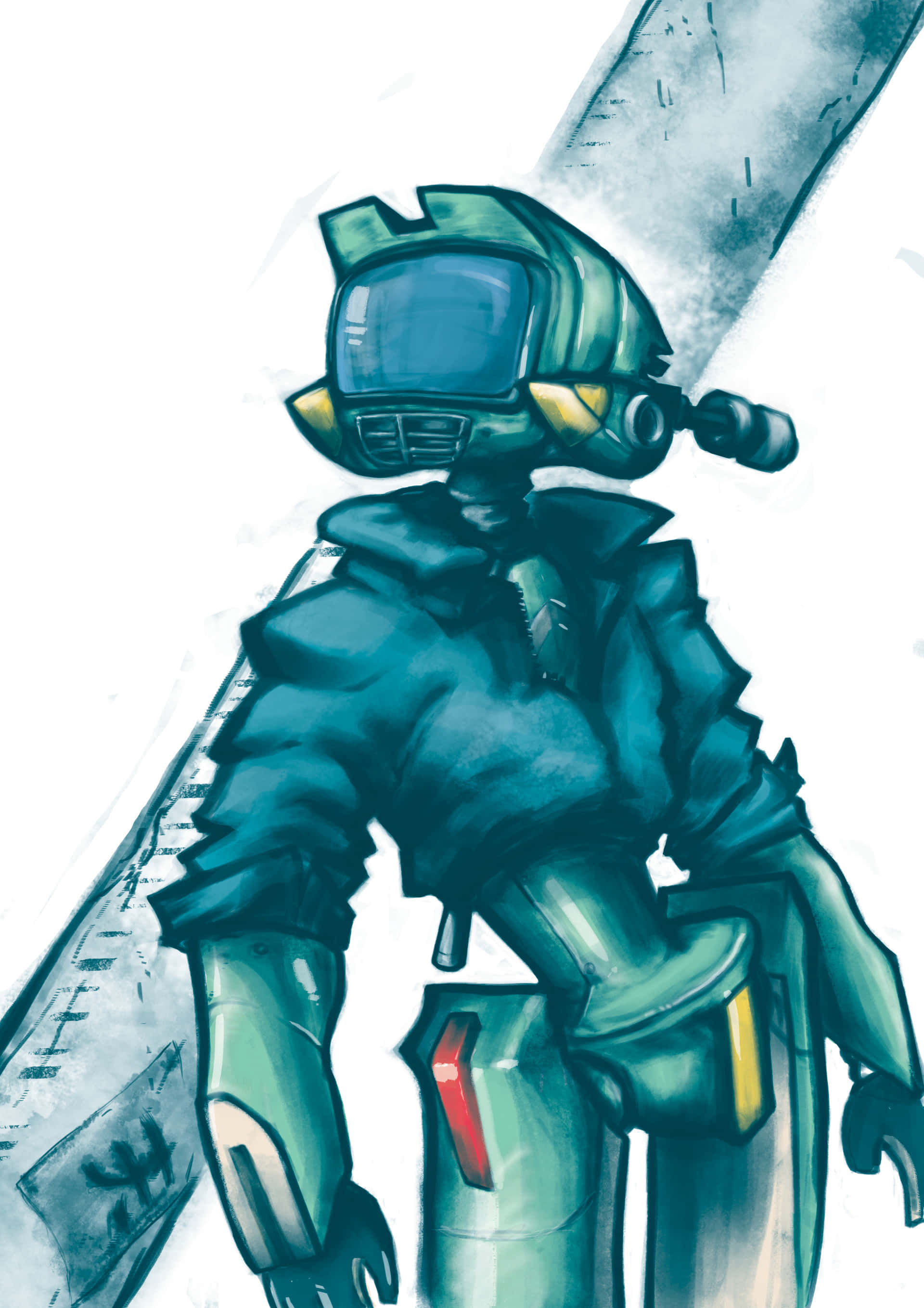 Flcl Canti 桌布 壁紙 — 一個身穿青綠色盔甲、戴著頭盔和發光面罩的人物，站在純白色背景前，身後有一個巨大的刀片狀物體。