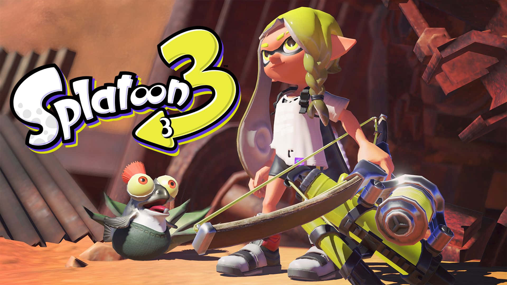 splatoon 桌布 壁紙 — 一個身穿黃色裝備的Splatoon 3角色在生鏽的工業環境中，旁邊有一隻細小鳥類生物，正瞄準武器。