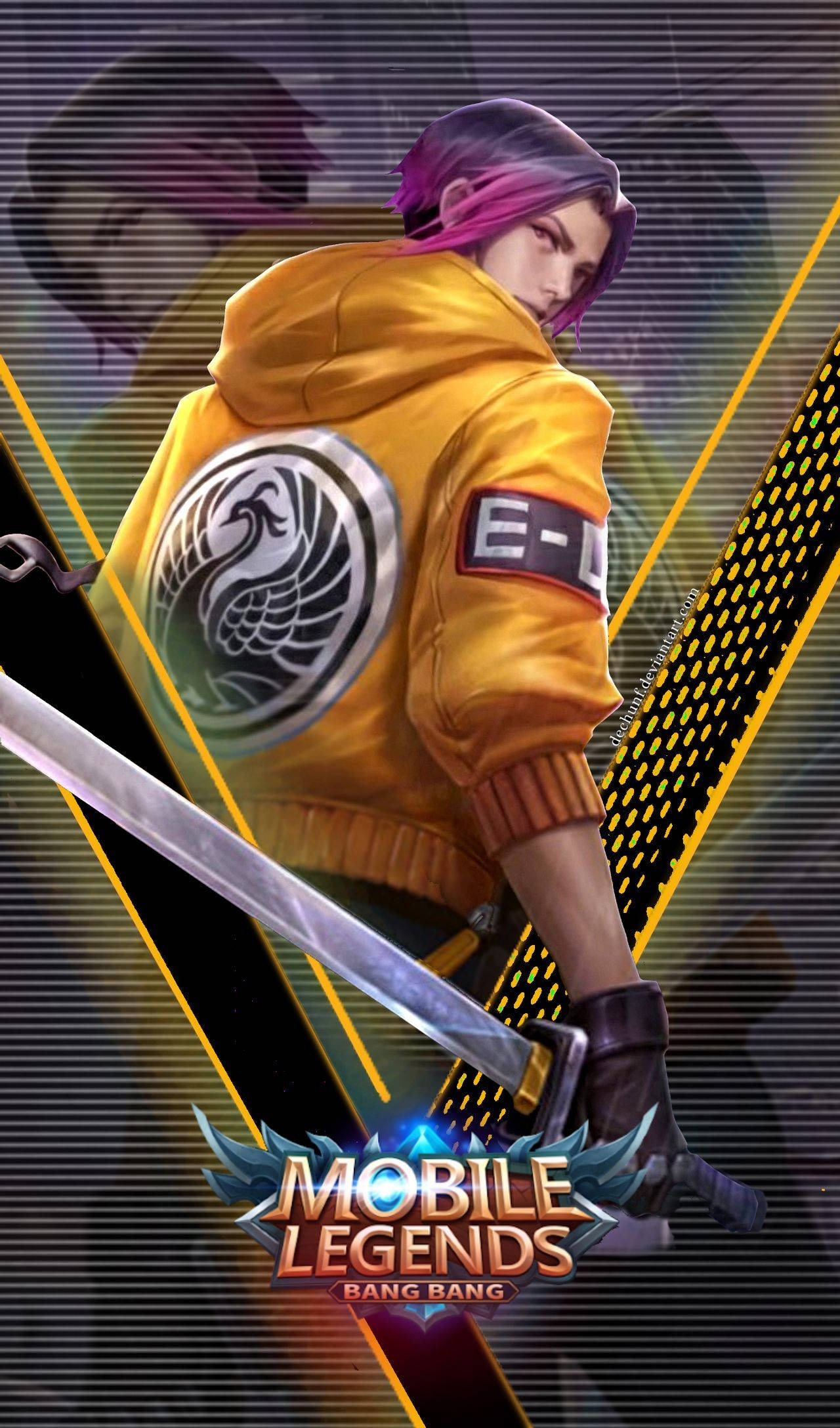 Mobile Legends 桌布 壁紙 — 一個身穿黃色連帽衫的風格化動漫戰士，手持劍在霓虹賽博龐克背景中發光。