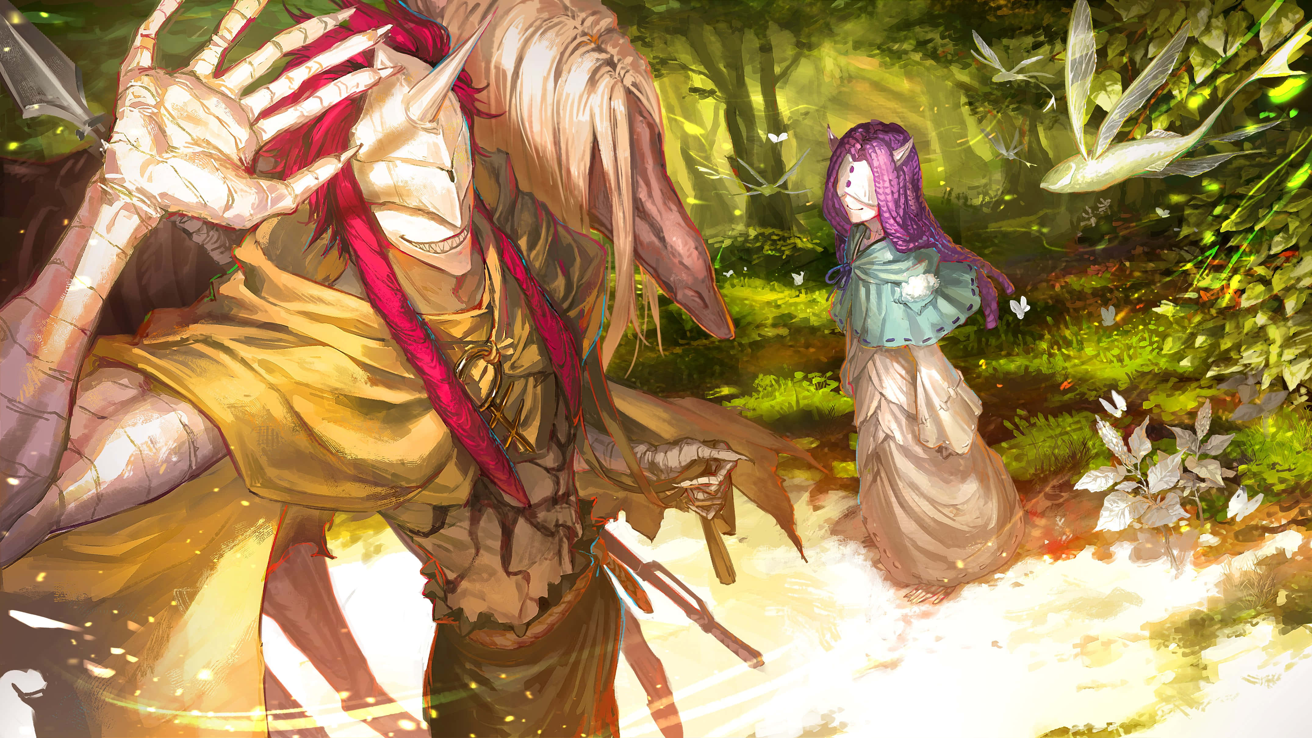 The Promised Neverland Sonju 桌布 壁紙 — 一個身穿黃色長袍的角怪在陽光明媚的森林中與一個紫色頭髮的女孩對峙，周圍有發光的蝴蝶。