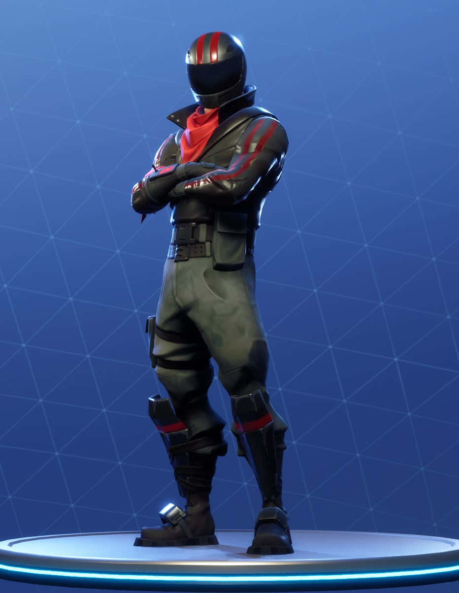 Fortnite Skins Battle Royale 桌布 壁紙 — 一個身穿黑色、紅色和灰色戰術裝備的 Fortnite 角色，自信地交叉雙臂，站在發光的藍色平台上，背景是數位網格。