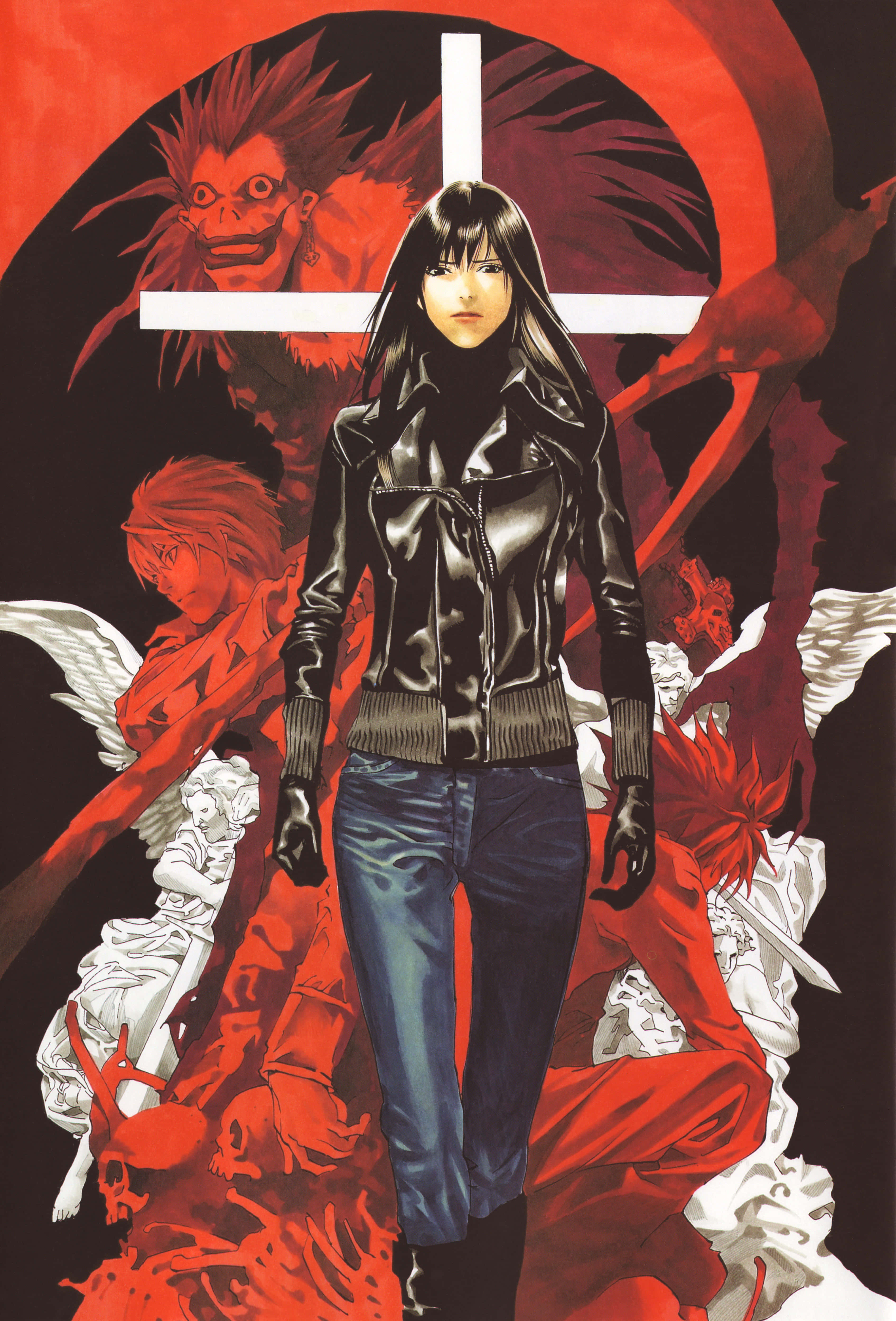 Naomi Misora 桌布 壁紙 — 一個身穿黑色皮褸的暗黑動漫女孩站在一個紅色十字架前，背後有惡魔形象和天使雕像在旋轉。