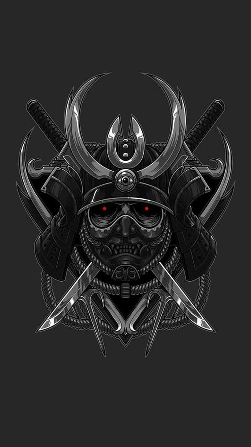 Samurai Helmet 桌布 壁紙 — 一個身穿黑色盔甲、雙眼發出紅光的威嚇性武士頭骨，兩側交叉著劍和匕首，背景為深色。
