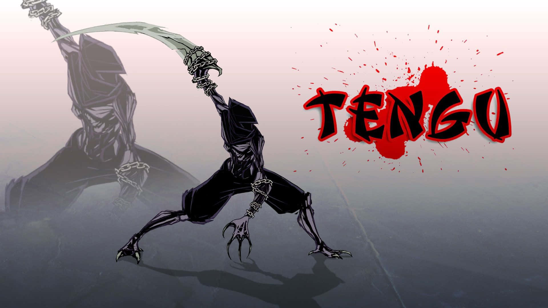 Tengu 桌布 壁紙 — 一個身穿黑色盔甲的威猛天狗戰士，在霧濛濛的灰色背景上揮舞著彎曲的刀刃，上面有粗體的紅色「天狗」文字。