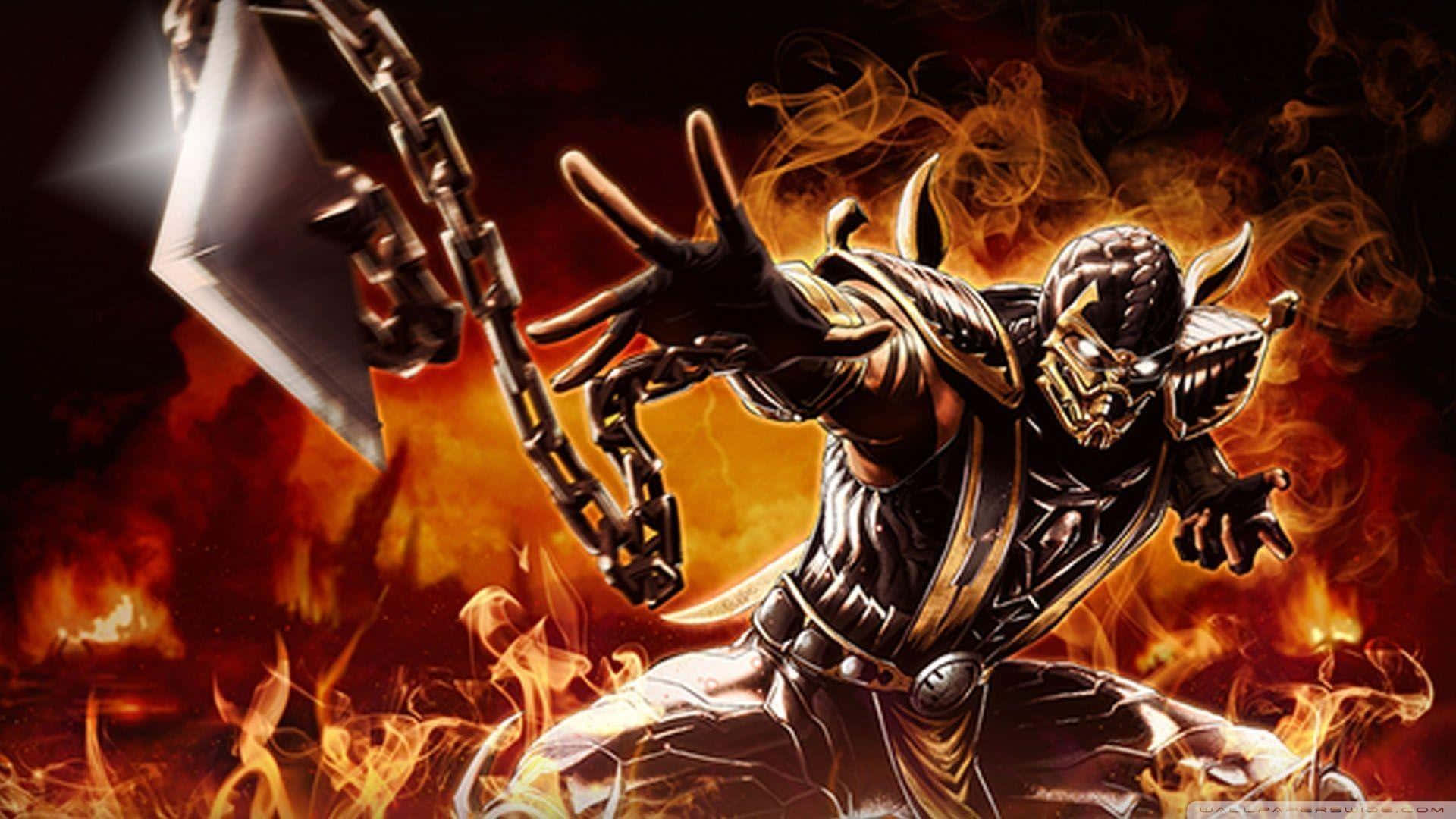 Mortal Kombat Triborg 桌布 壁紙 — 一個身穿黑色盔甲的惡魔戰士，在旋轉的火焰和煙霧中揮舞著帶刺的鏈條武器，背景熾熱。