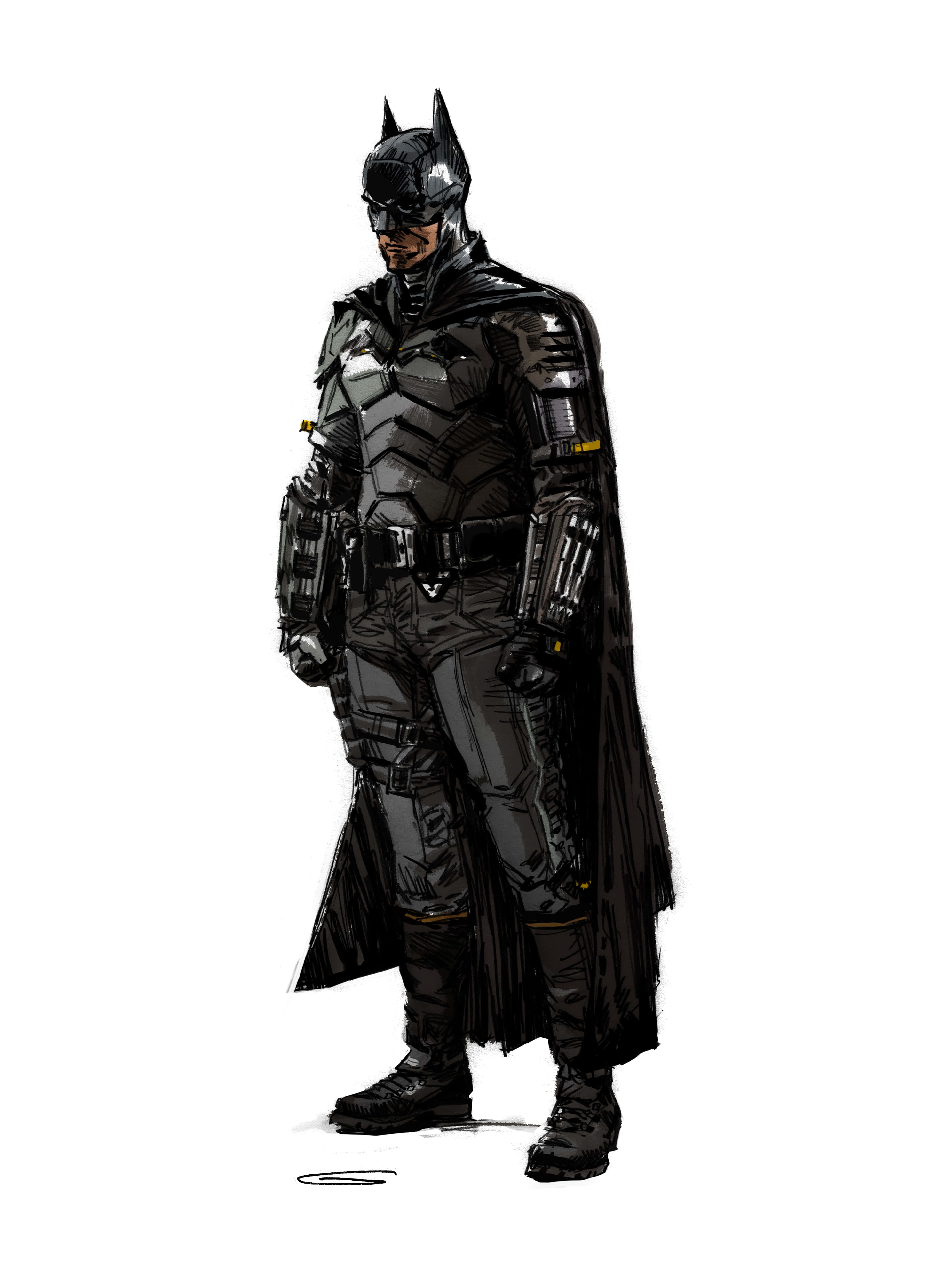 Bat-suit 桌布 壁紙 — 一個身穿黑色盔甲的蝙蝠俠，全副武裝，披風飄揚，背景是純白色。