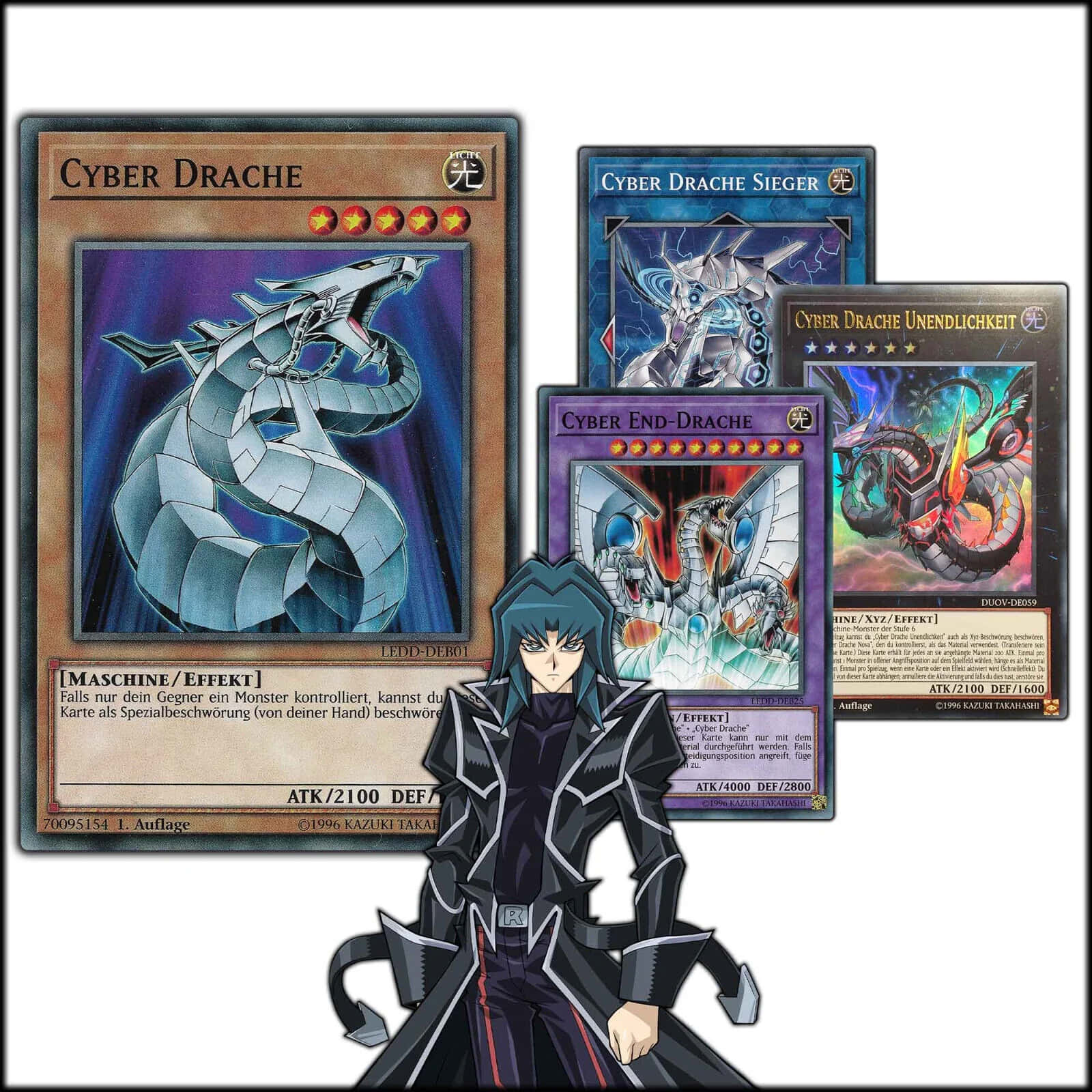 Zane Truesdale 桌布 壁紙 — 一個身穿黑色盔甲的角色站在四張Cyber Dragon Yu-Gi-Oh! 遊戲卡前，卡片上有金屬龍在鮮豔的背景上。