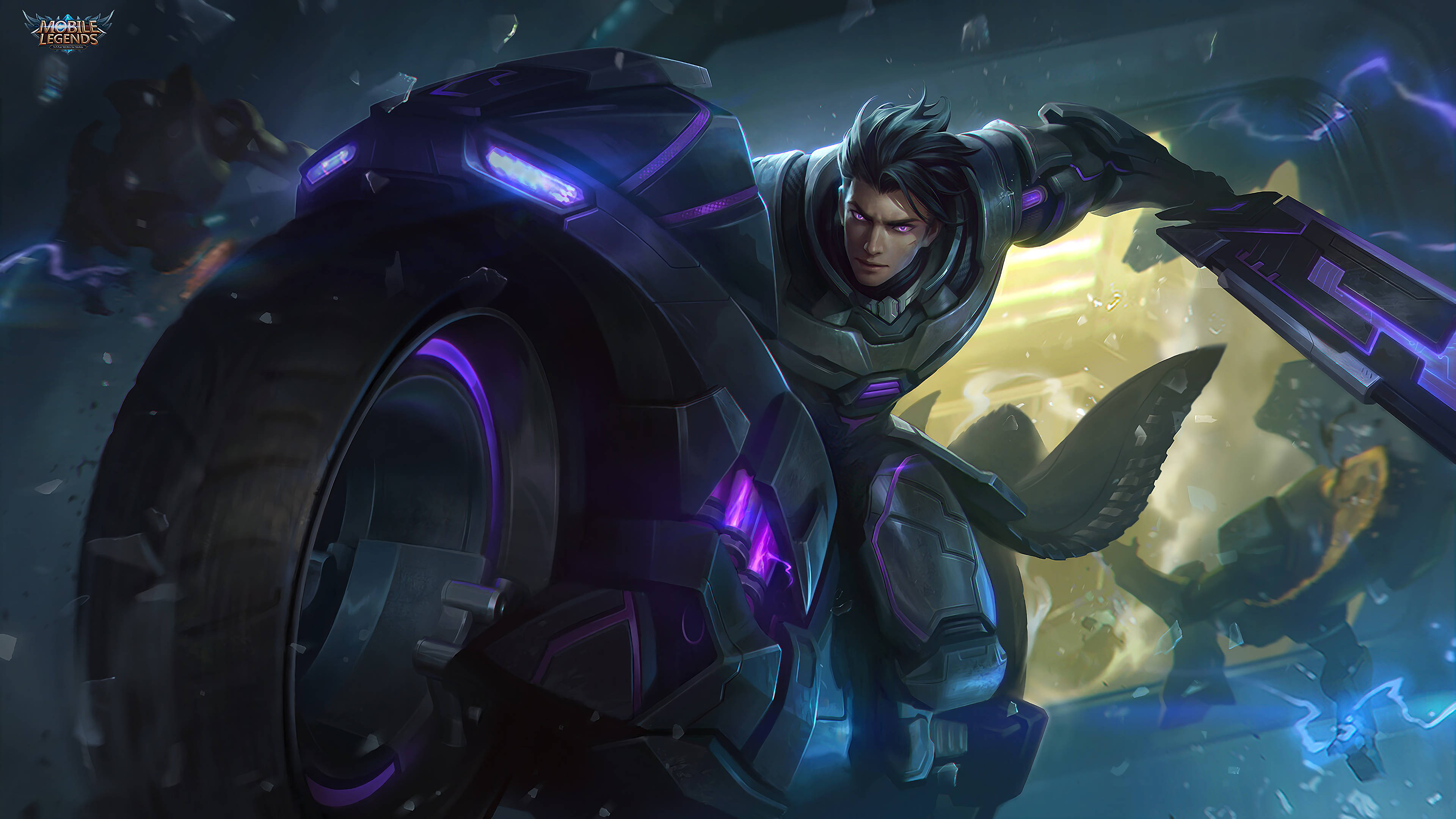 Mobile Legends 桌布 壁紙 — 一個身穿黑色盔甲的賽博龐克戰士，騎著一輛發光的紫色摩托車，穿過破碎的電風暴。