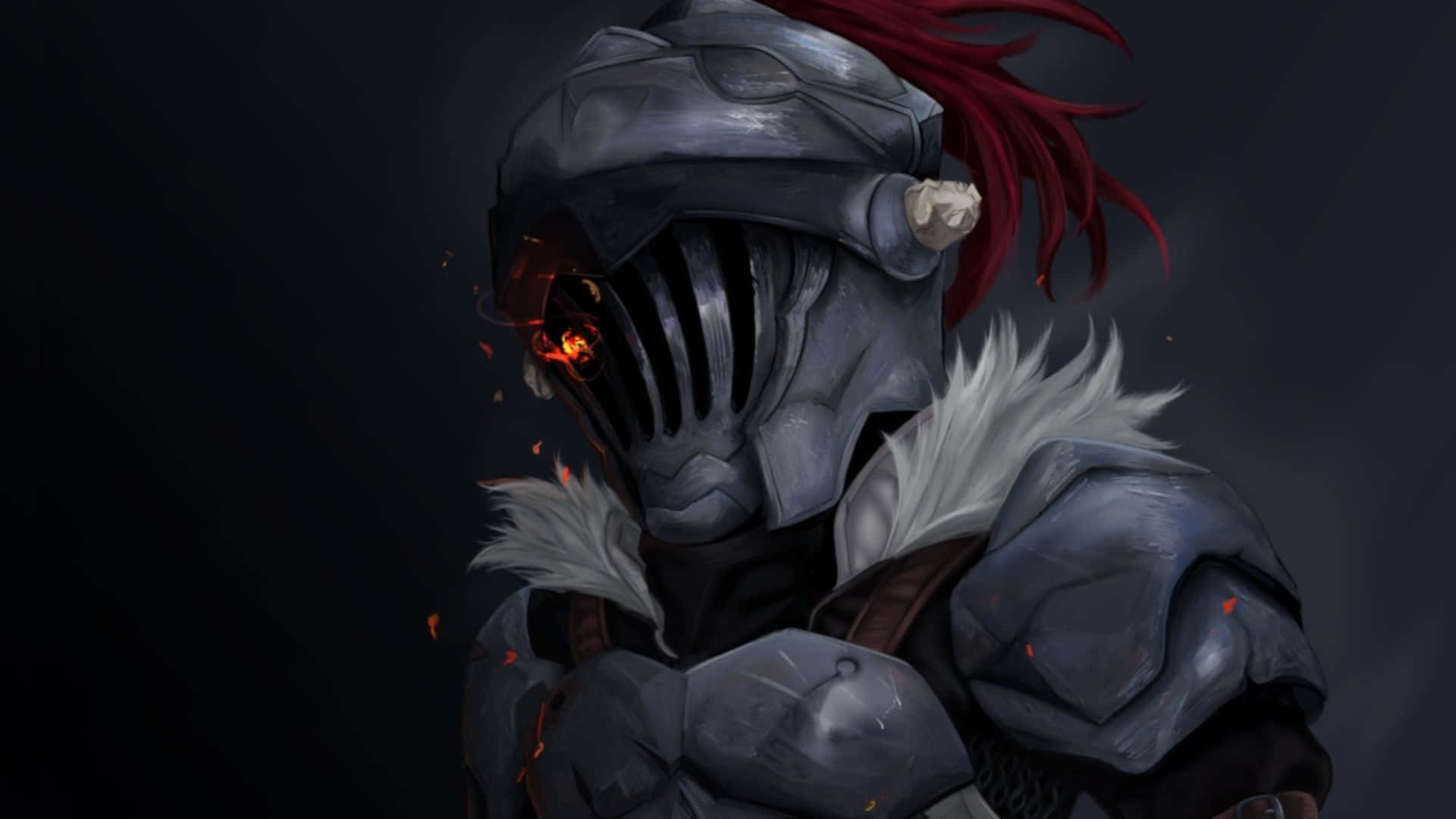 Goblin Slayer 桌布 壁紙 — 一個身穿黑色盔甲的騎士，眼睛發出紅光，頭盔噴出火花，背景為黑色。