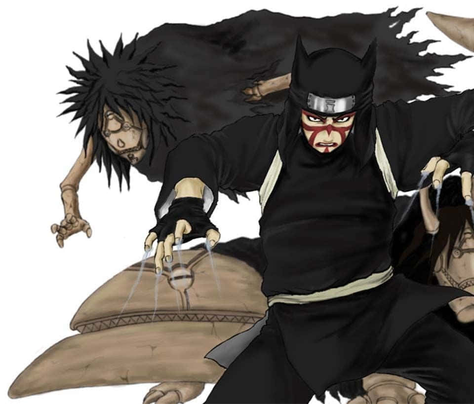 Kankuro 桌布 壁紙 — 一個身穿黑色裝備、臉上塗有紅色顏料的動漫忍者，在影分身包圍下伸出利爪向前猛撲。